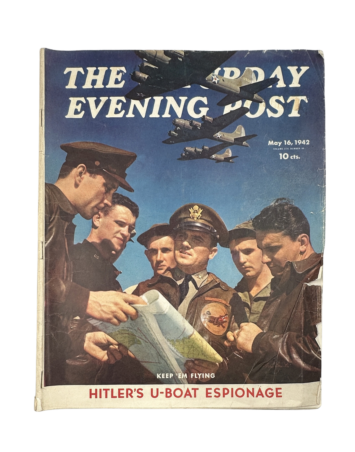 Cover of Saturday Evening Post Magazine from May 16, 1942, featuring the title 'Hitler's U-Boat Espionage' with a group of military personnel examining a map, highlighting WWII themes.