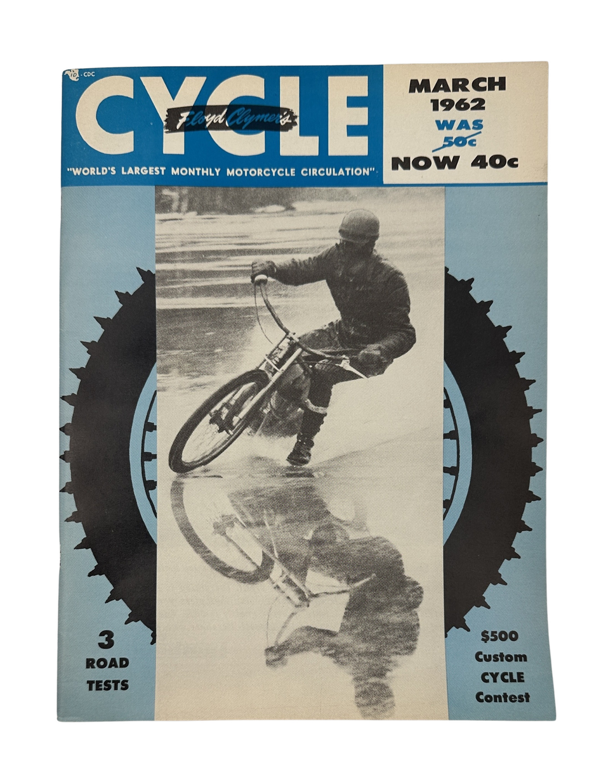 Cycle Magazine March 1962 featuring a man riding a bicycle on the cover, showcasing the title and emphasizing motorcycle culture with a bold design.