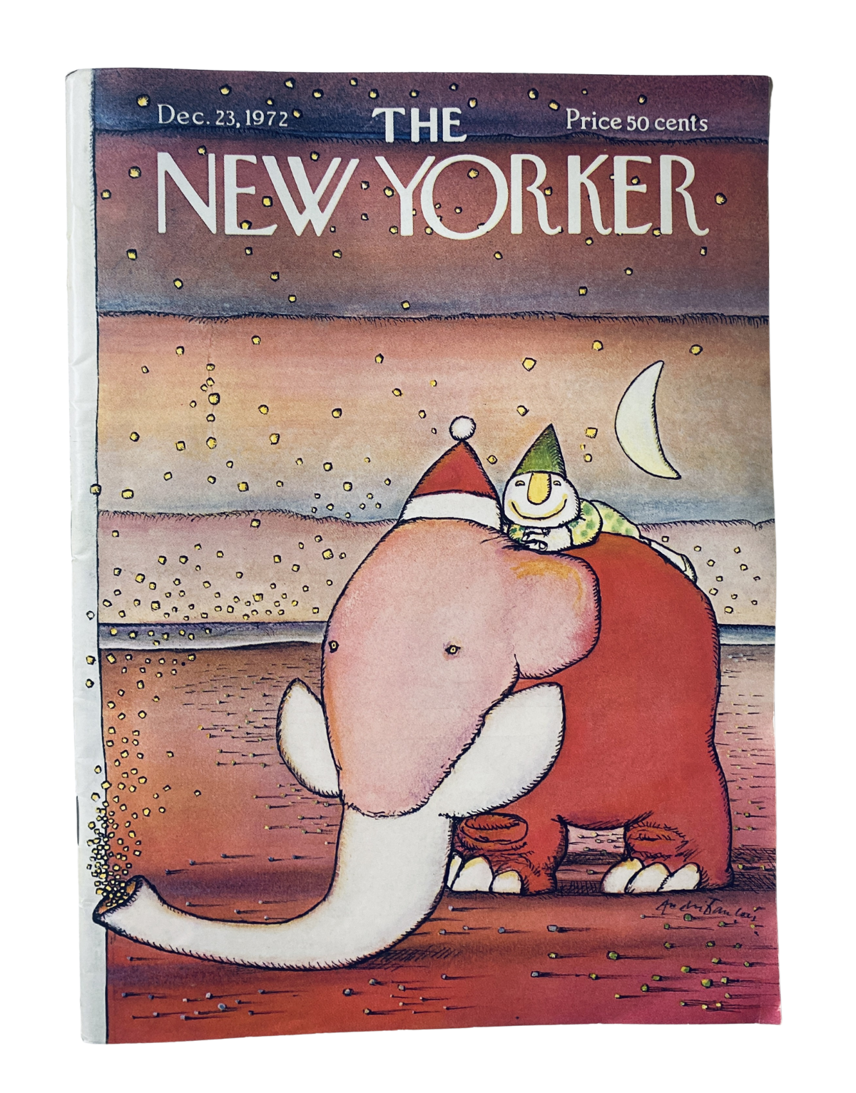Cover of The New Yorker Magazine December 23, 1972 featuring an illustration of an elephant wearing a Santa hat, highlighting the playful holiday theme of the issue.