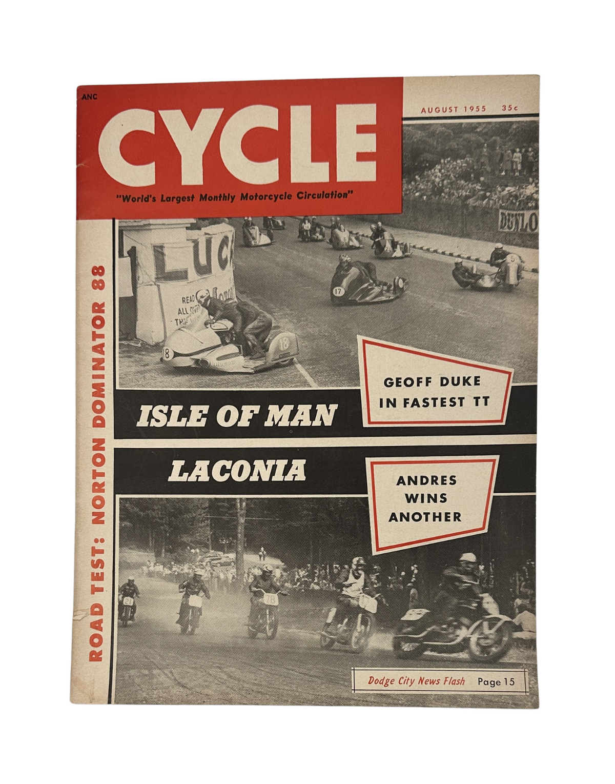 Cycle Magazine August 1955 cover featuring Isle of Man race, Geoff Duke on Norton Dominator 88, showcasing motorcycle racing themes and highlights.