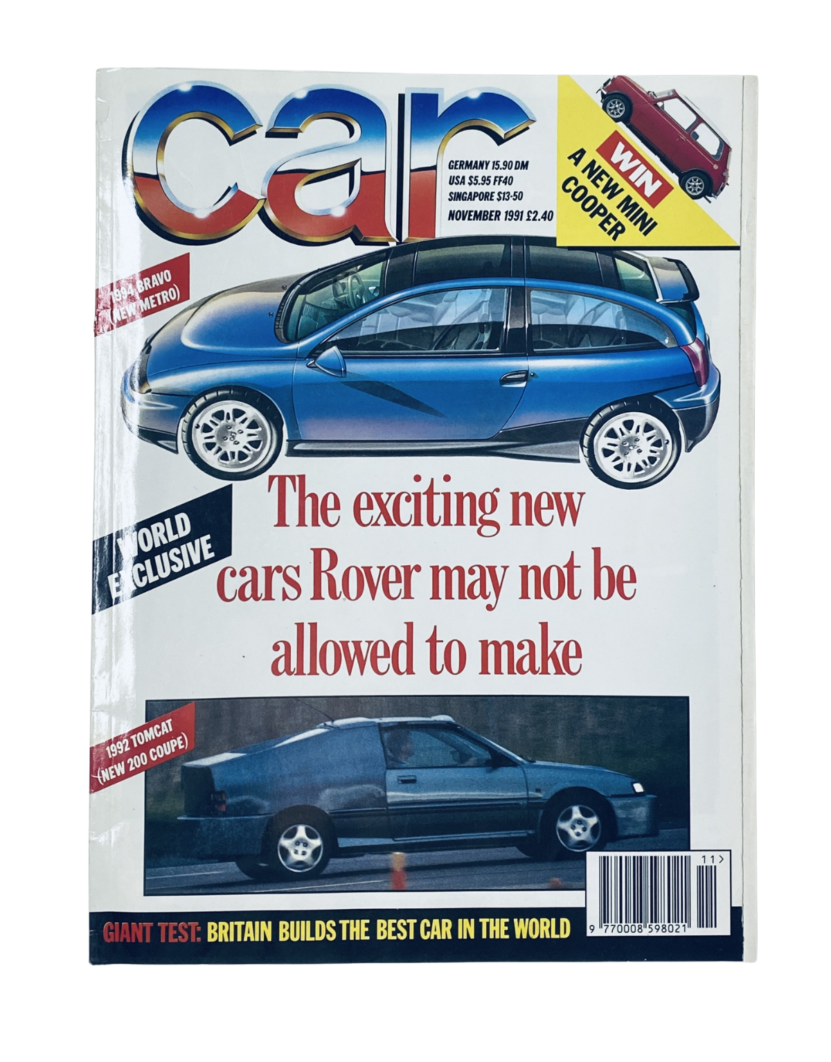 Cover of CAR Magazine November 1991 featuring new Rover concepts, Mini Cooper competition, and the Jaguar XJRS with a description of exciting new cars Rover may not be allowed to make.
