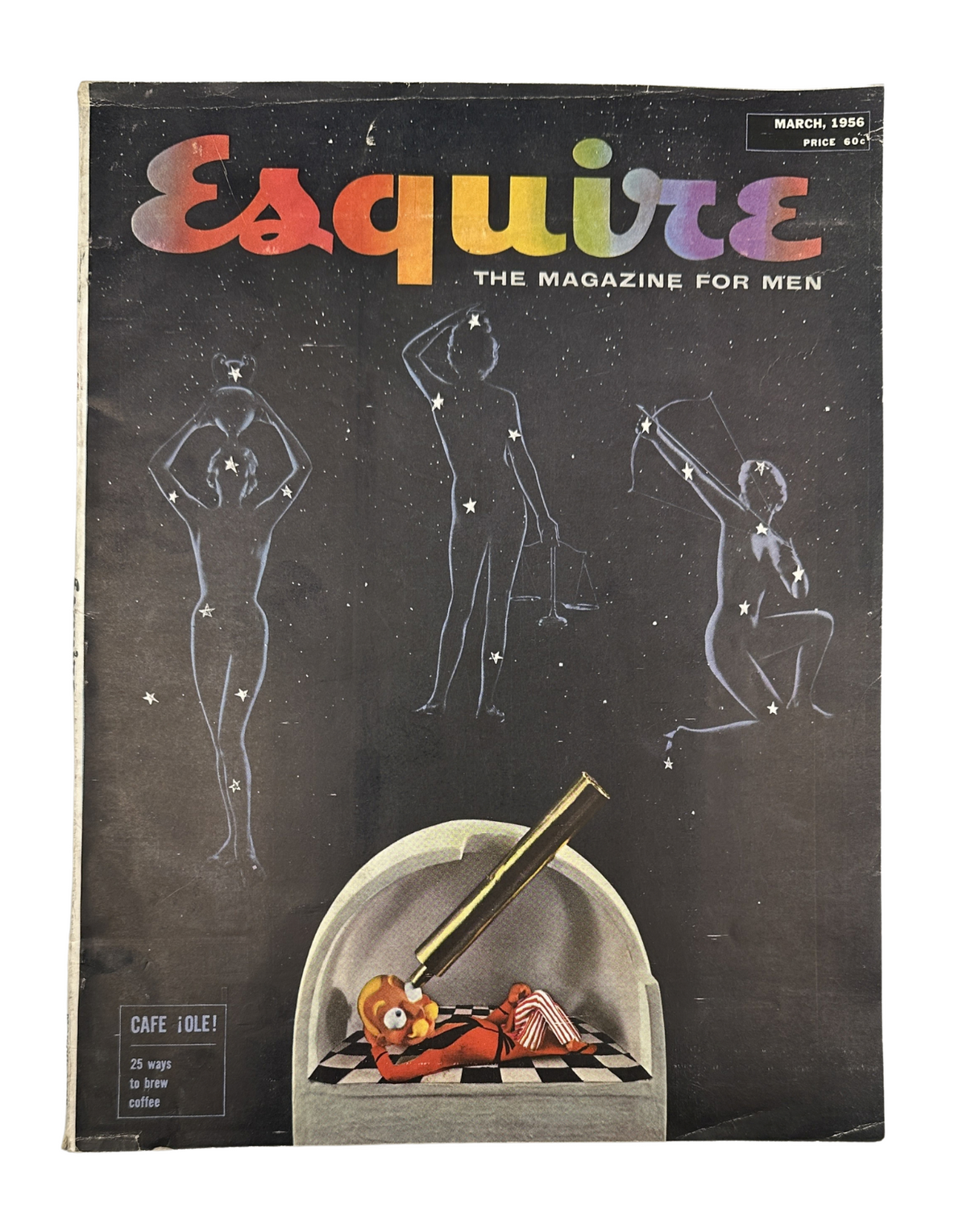 Cover of Esquire Magazine March 1956 featuring Gwen Verdon foldout and illustration of a telescope, with the headline 'Café ¡Ole!' highlighting the theme of coffee.