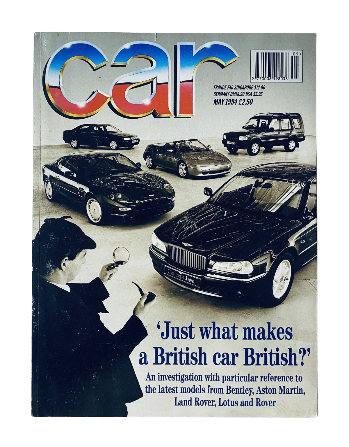 Cover of CAR Magazine May 1994 featuring a British car feature with models from Bentley, Aston Martin, Land Rover, Lotus, and Rover, and the headline 'Just what makes a British car British?'