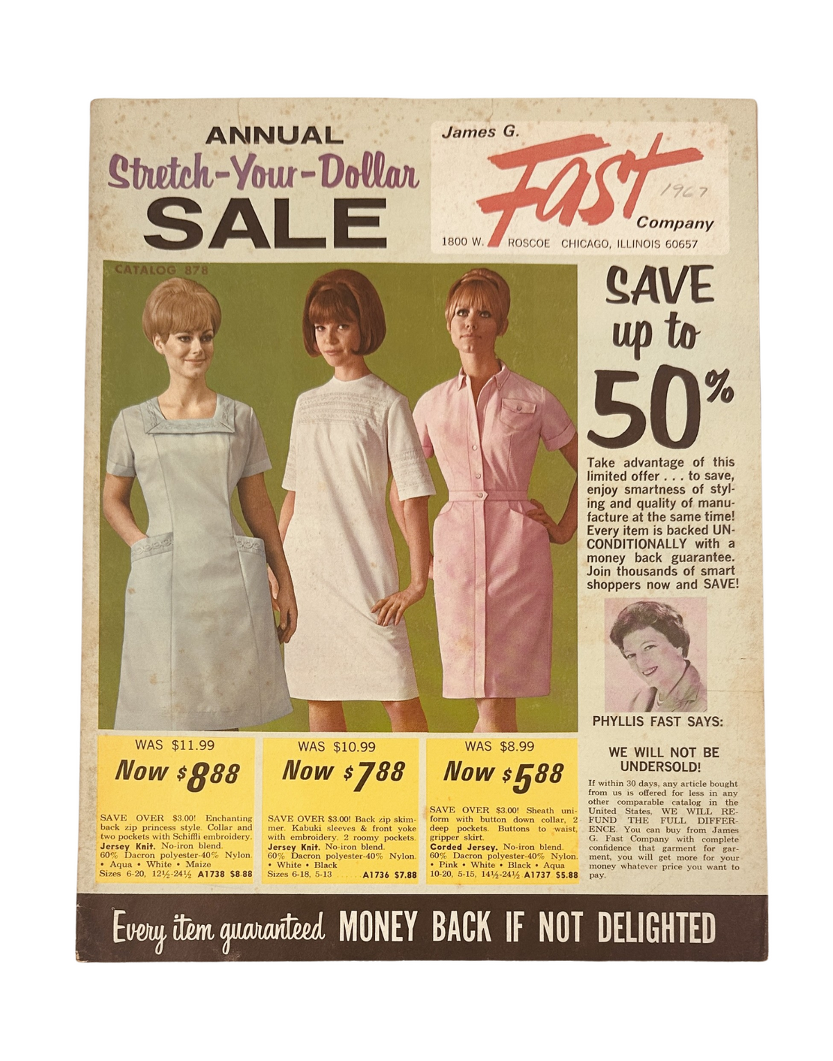 Cover of the James G. Fast Catalog 1967 Stretch Your Dollar Sale showcasing nurse uniforms and dresses with promotional text highlighting sales and discounts.