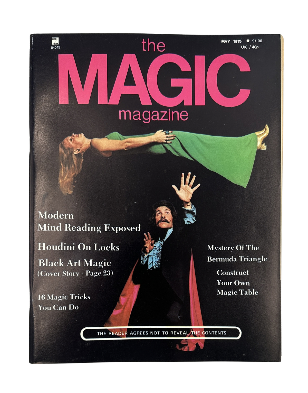 Cover of The Magic Magazine May 1975 featuring magician Paul Mathews and the floating lady Gretchen Shawn, highlighting articles on Houdini locks, black art magic, and mind reading.