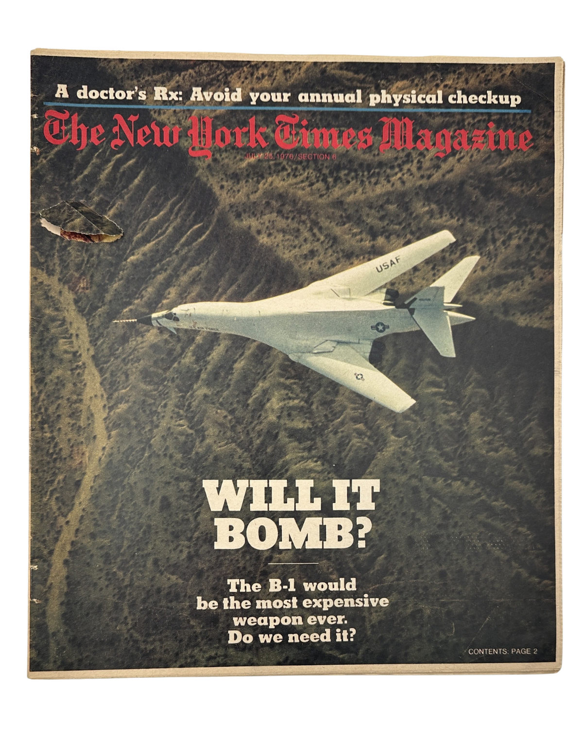 The New York Times Magazine July 25, 1976 cover featuring the B-1 Bomber with the headline 'Will It Bomb?' showcasing the aircraft flying over mountainous terrain.
