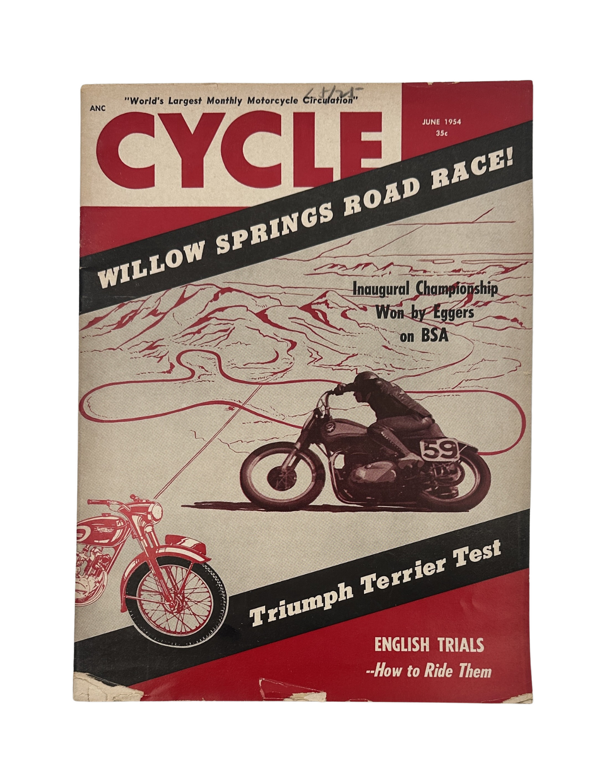Cycle Magazine June 1954 cover featuring Willow Springs Road Race and Triumph Terrier Test with vintage motorcycle graphics.