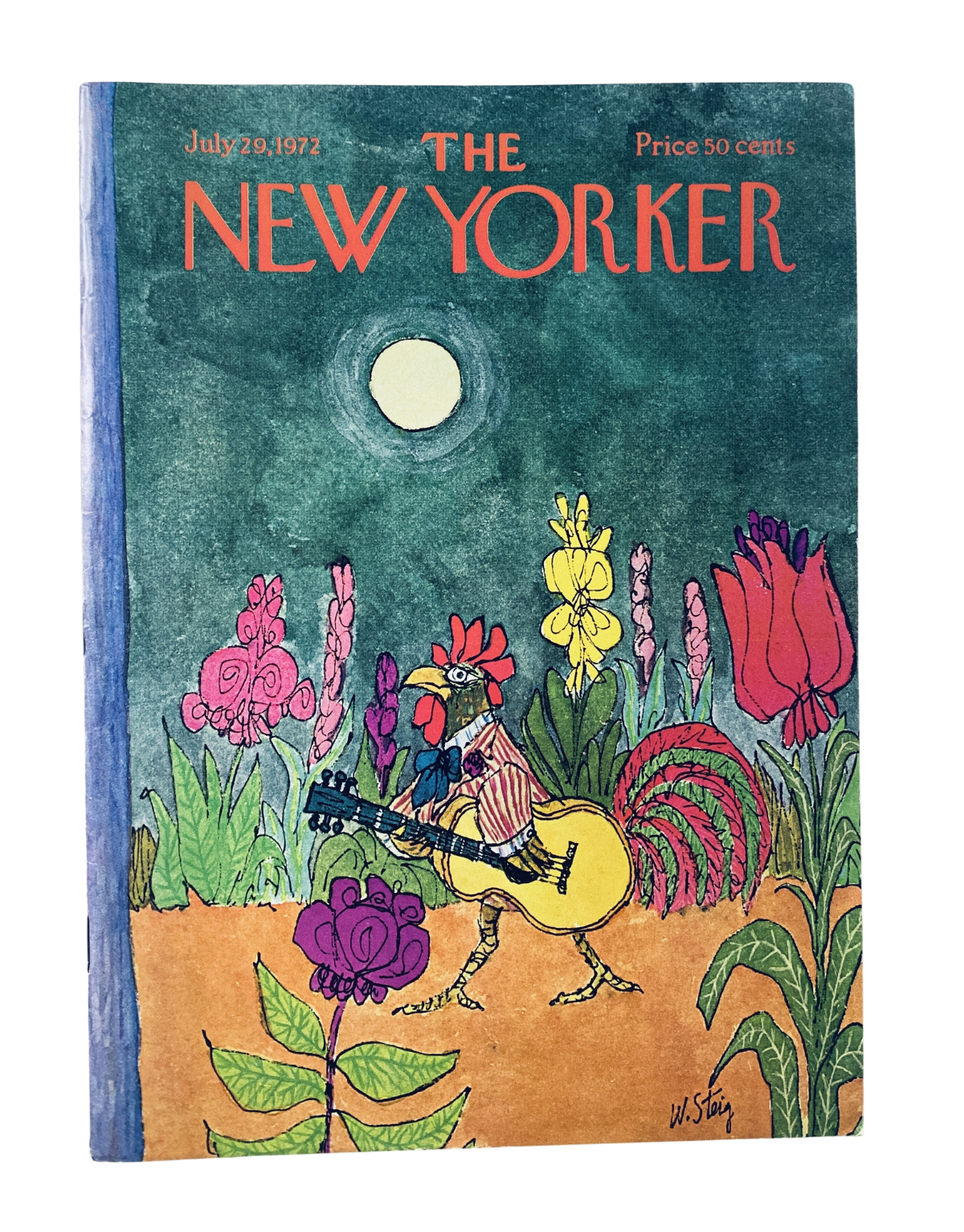 Cover of The New Yorker Magazine, July 29, 1972, featuring a colorful illustration of a rooster playing guitar in a garden setting by W. Steig.