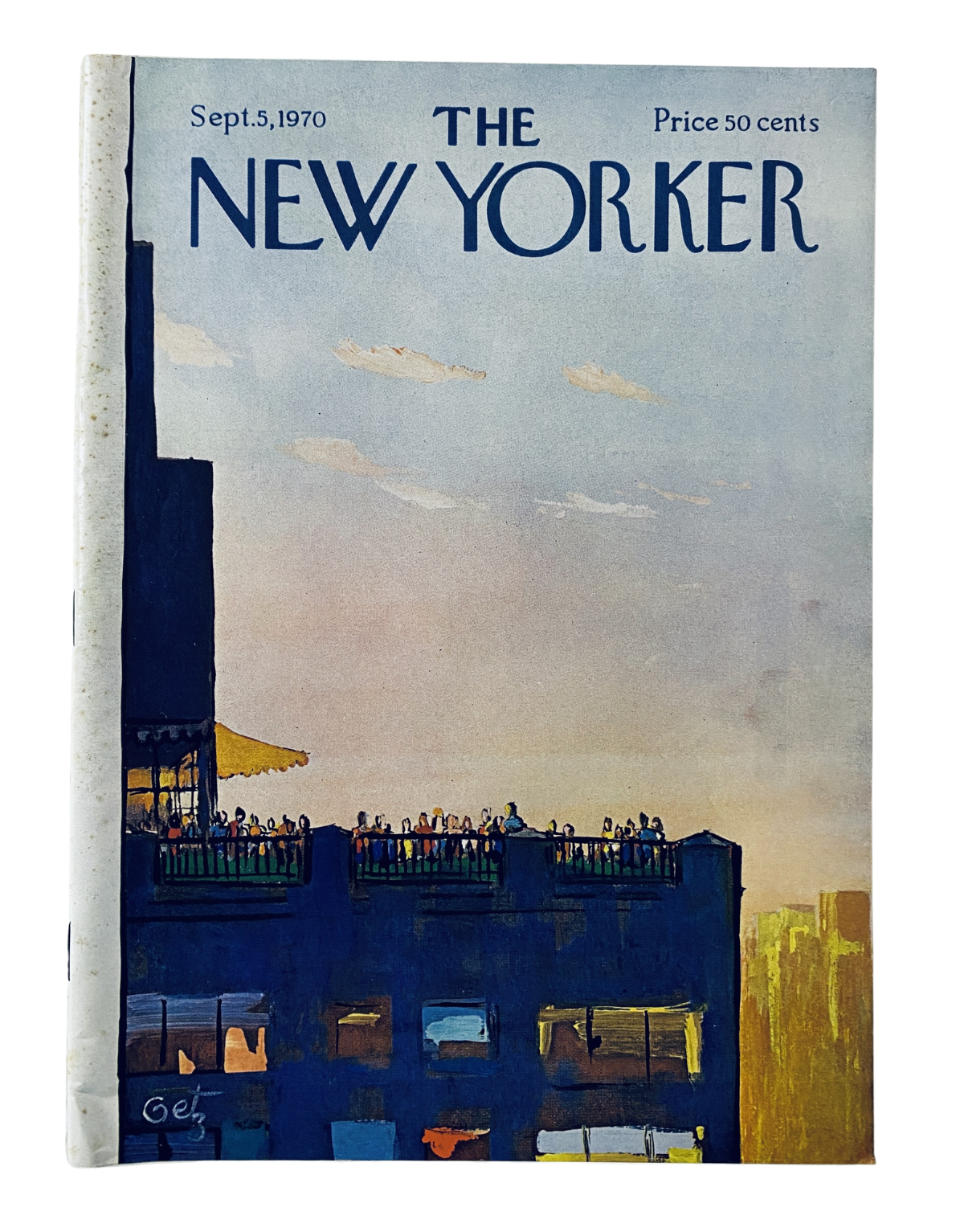 The New Yorker Magazine September 5, 1970 cover featuring a rooftop party illustration by Arthur Getz, showcasing people mingling against a sunset backdrop.