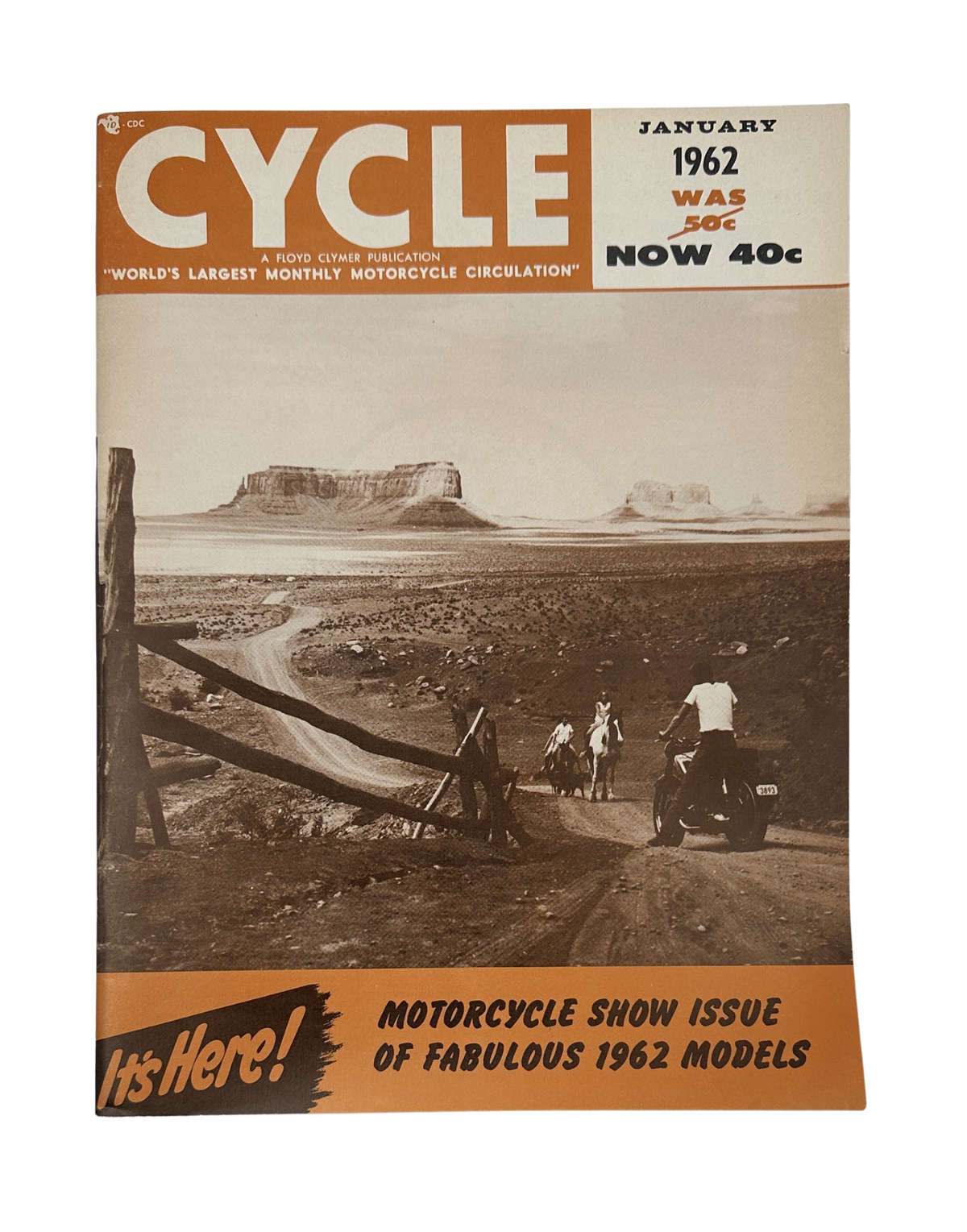 Cycle Magazine January 1962 Motorcycle Show Issue featuring a scenic motorcycle view, showcasing the cover with bold text, and announcing the fabulous 1962 models.