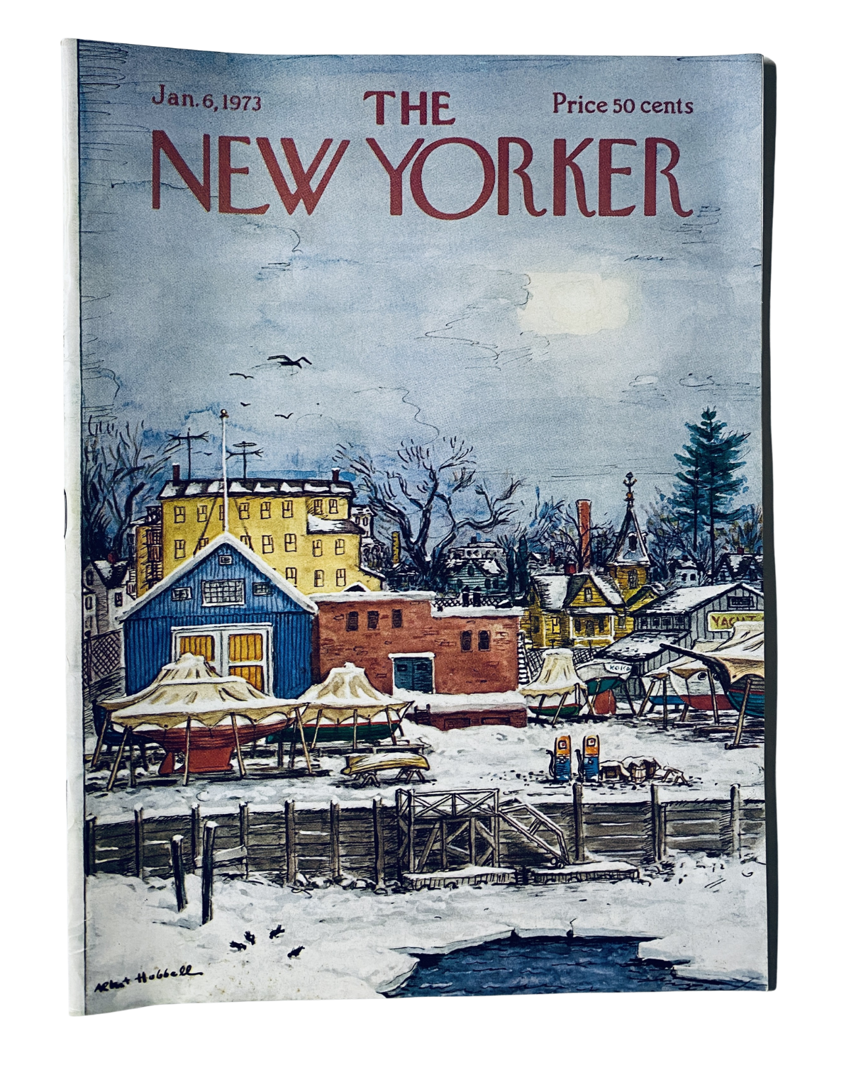 Cover of The New Yorker Magazine dated January 6, 1973, featuring a winter scene of a harbor town, illustrated by A. Hubbell. The magazine is priced at 50 cents.