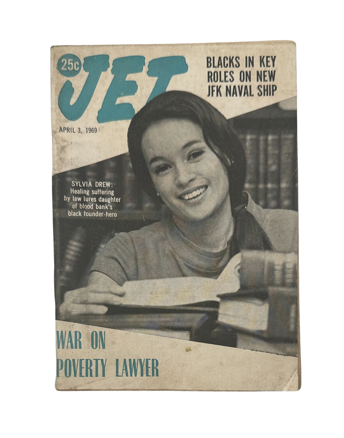 Jet Magazine April 3, 1969 cover featuring Sylvia Drew highlighting the War on Poverty with a portrait of Sylvia Drew smiling, indicative of the social issues addressed in that era.