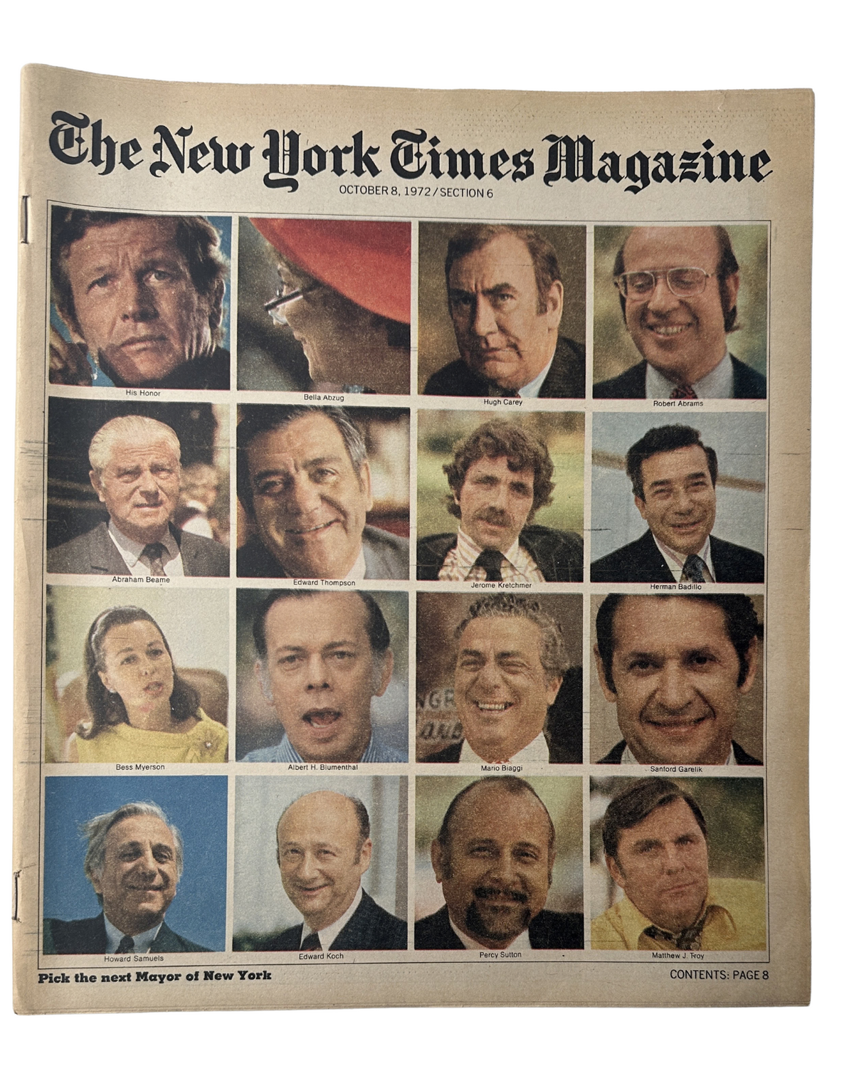 Cover of The New York Times Magazine from October 8, 1972, featuring portraits of various candidates for the mayoral election, headline reads 'Pick the Next Mayor of New York'.