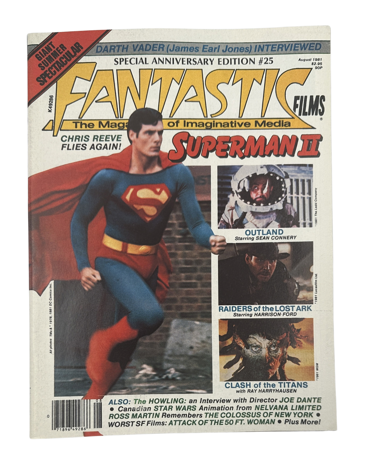 Cover of Fantastic Films Magazine August 1981 featuring Superman II and Darth Vader, showcasing Chris Reeve as Superman.