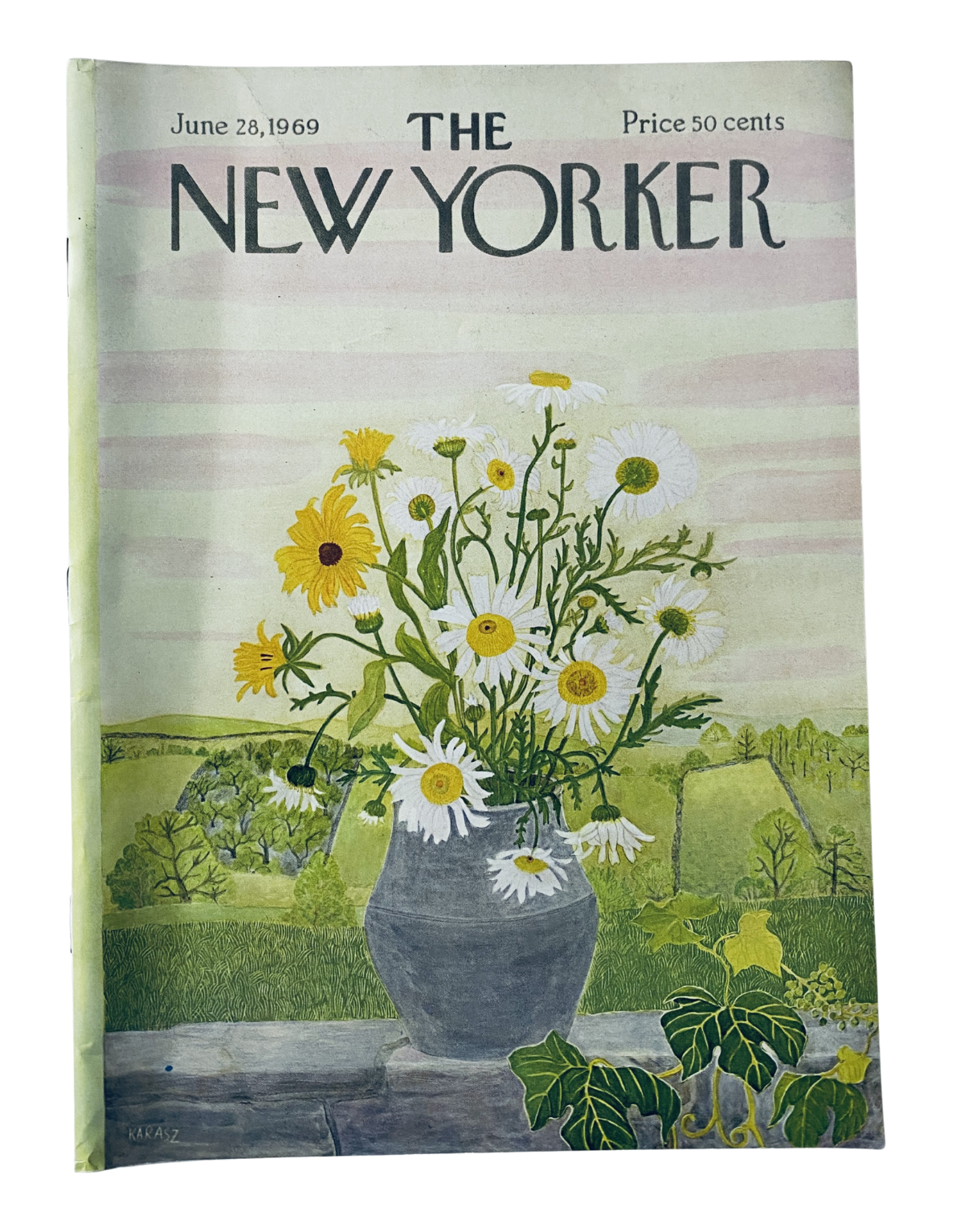 The New Yorker Magazine cover from June 28, 1969 featuring a vibrant floral vase illustration by Ilonka Karasz, showcasing bright wildflowers against a serene landscape backdrop, priced at 50 cents.