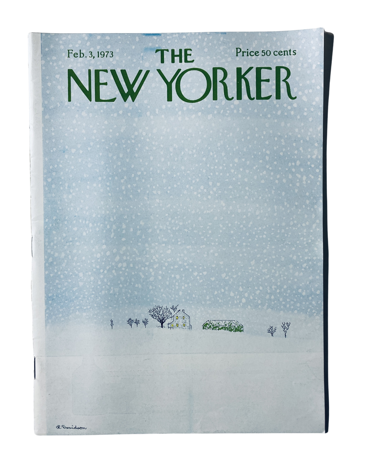 The New Yorker Magazine February 3, 1973 cover featuring a snowy farmhouse illustration by R. Davidson, showcasing a serene winter landscape.