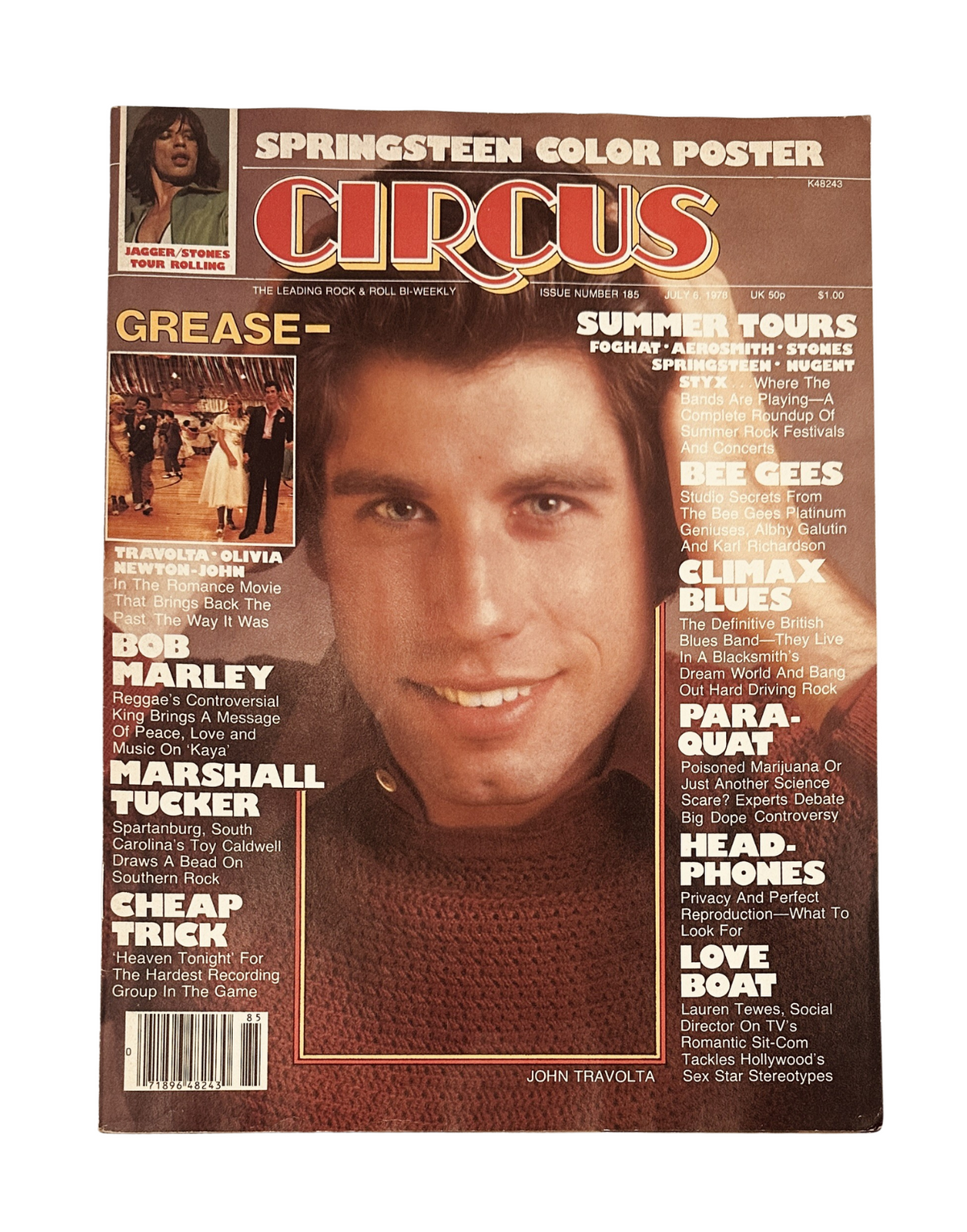 Circus Magazine July 6, 1978 featuring John Travolta and Olivia Newton-John from Grease, along with notable articles about Bob Marley, Bee Gees, and Cheap Trick.