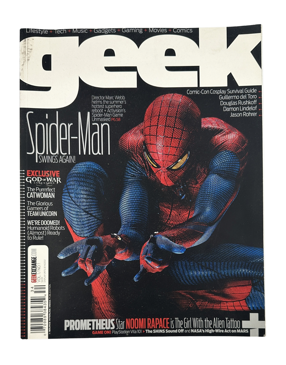 Cover of Geek Magazine featuring The Amazing Spider-Man and Noomi Rapace. The cover showcases Spider-Man in action, promoting various features and articles inside.