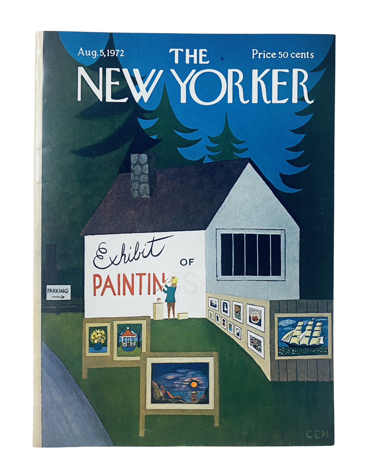 Cover of The New Yorker Magazine dated August 5, 1972, featuring a painting exhibit scene with a woman admiring artworks displayed outside a white building, surrounded by trees.