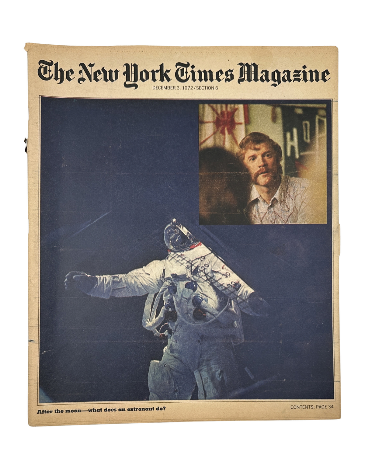 Cover of The New York Times Magazine from December 3, 1972, featuring astronaut Russell L. Schweickart in space with a thumbnail photo of him in civilian attire. The magazine includes the caption 'After the moon—what does an astronaut do?'. Notes the contents on Page 34.