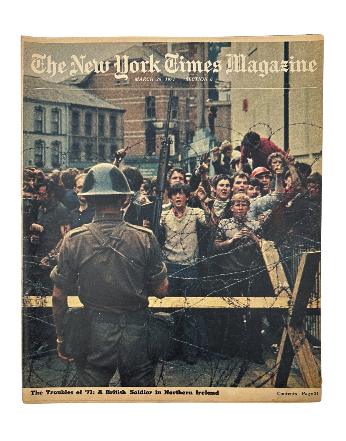 The New York Times Magazine March 28, 1971 cover featuring a British soldier confronting a crowd during the Troubles in Northern Ireland.