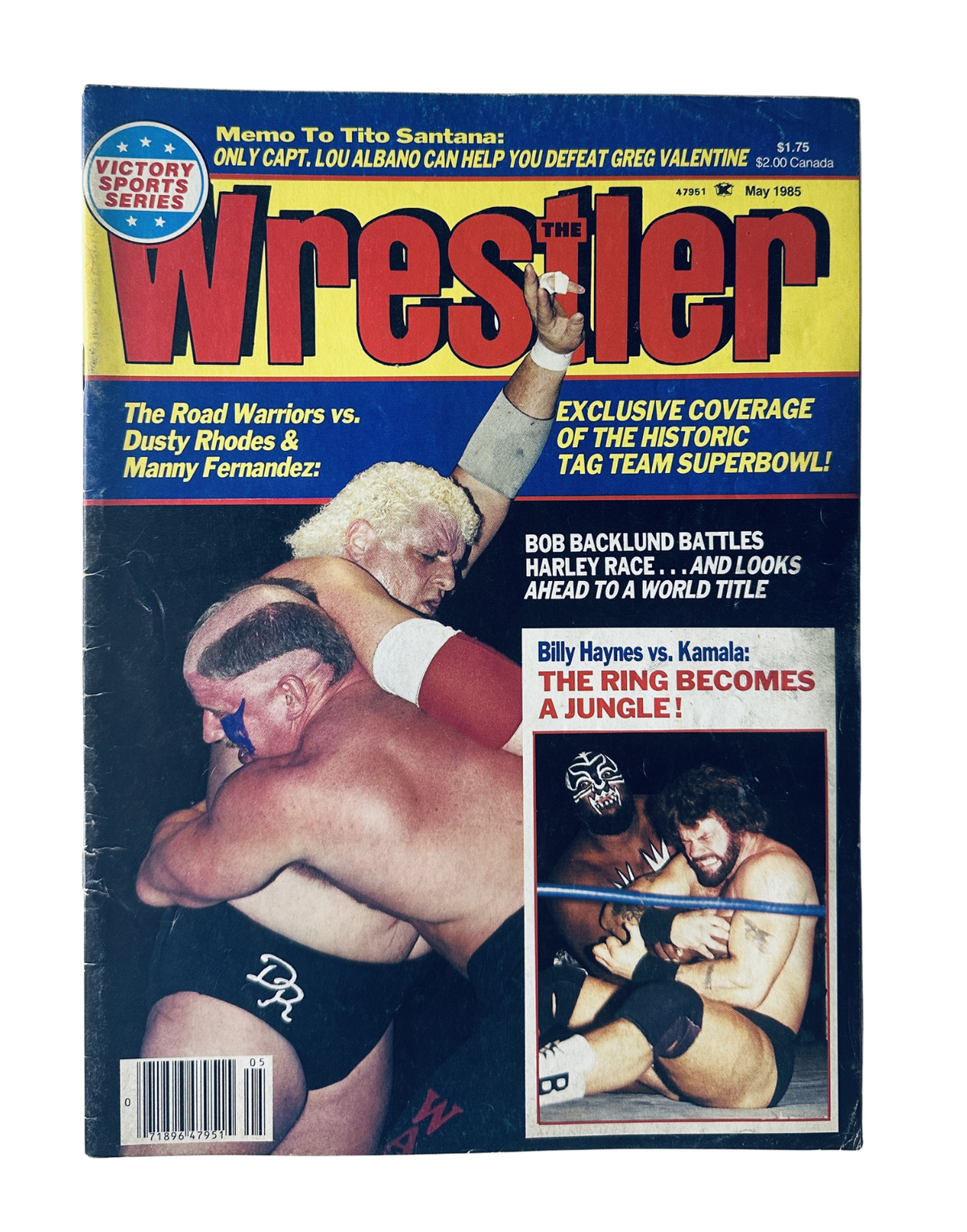 The Wrestler Magazine May 1985 cover featuring The Road Warriors, Dusty Rhodes, and Manny Fernandez in an exclusive coverage of the historic tag team superbowl. It highlights Bob Backlund battling Harley Race and features a match between Billy Haynes and Kamala.