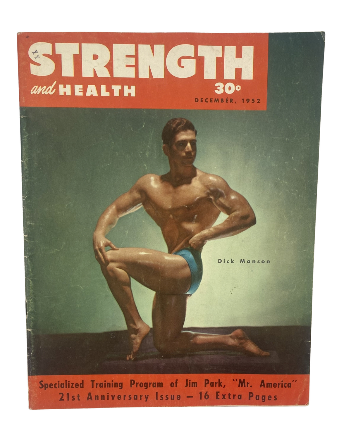 Cover of Strength and Health Magazine December 1952 featuring Dick Manson in a bodybuilding pose. This issue highlights Jim Park, 'Mr. America', and includes specialized training programs and content related to fitness and bodybuilding.