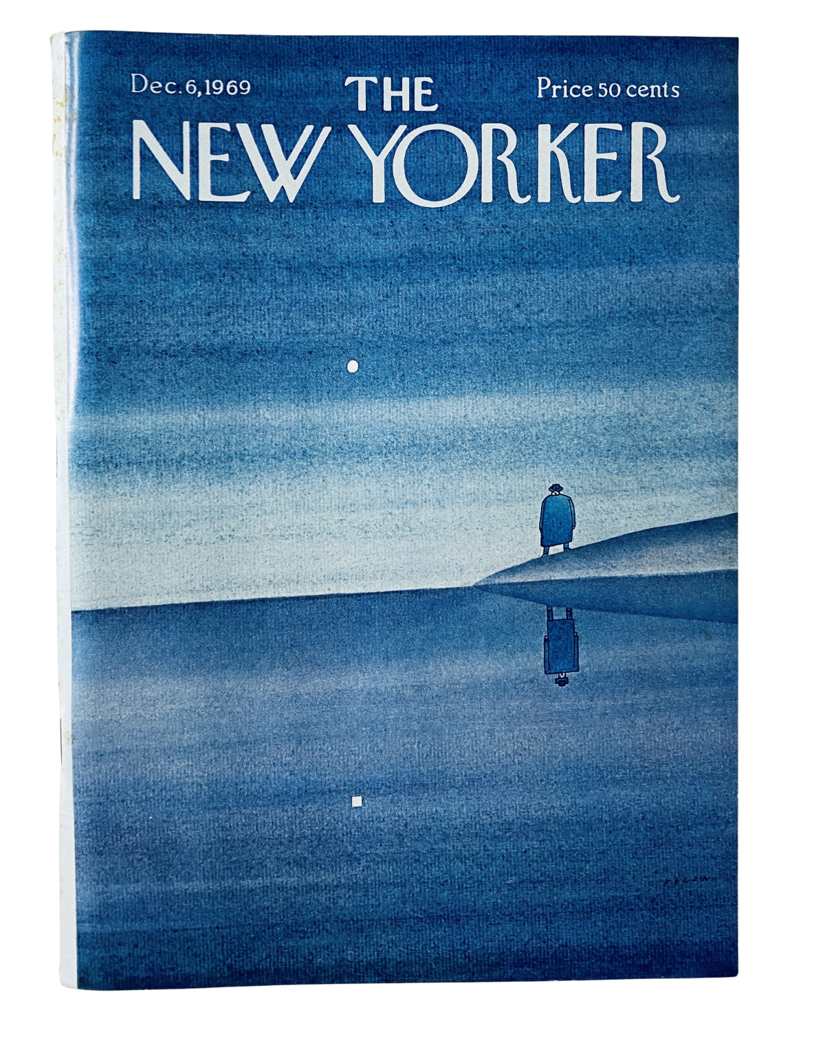 Cover of The New Yorker Magazine dated December 6, 1969 featuring artwork by Jean-Michel Folon, showcasing a serene blue reflection with a solitary figure.