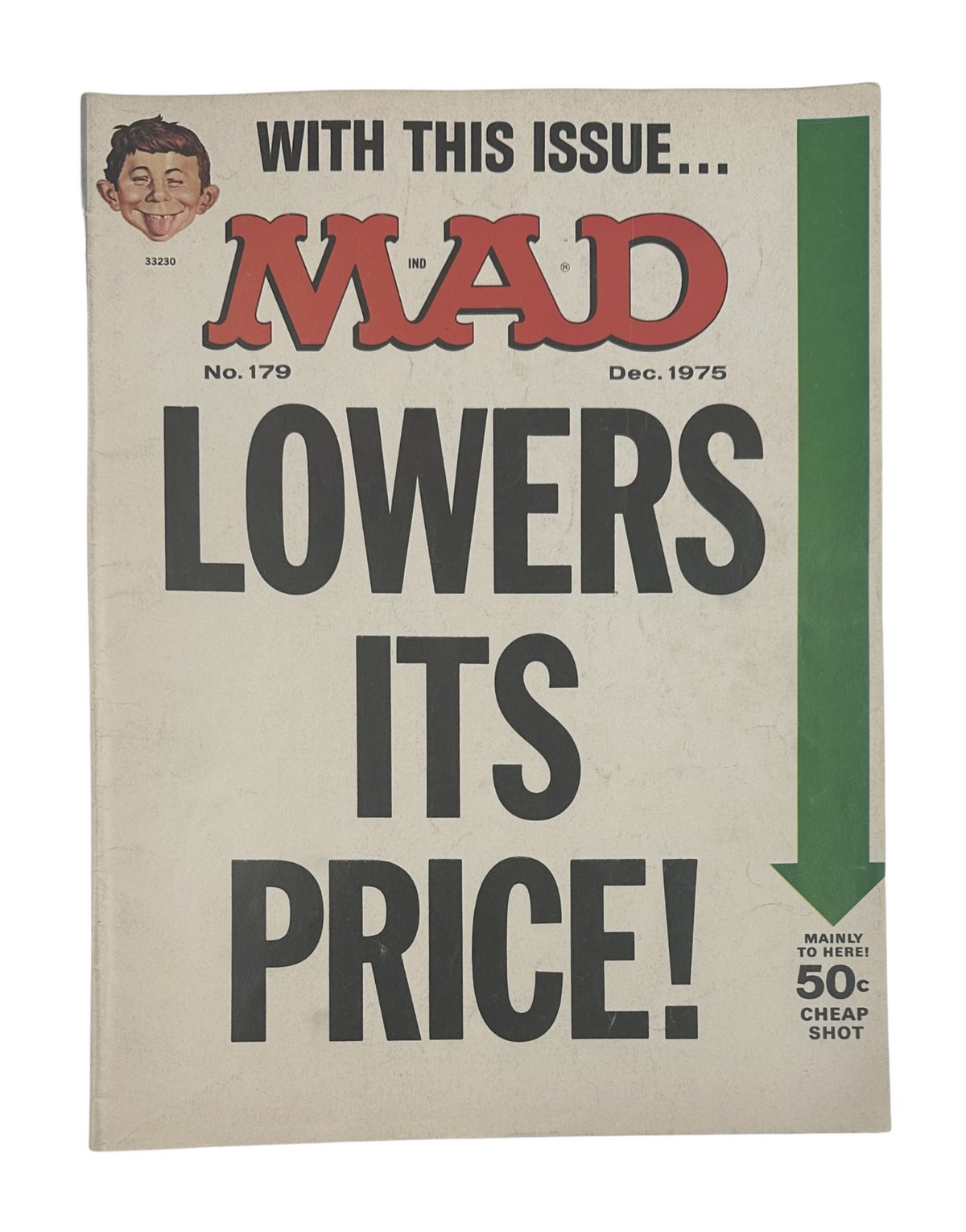 Cover of MAD Magazine No. 179 from December 1975, featuring a humorous announcement that it lowers its price, showcasing the magazine's iconic style and wit.