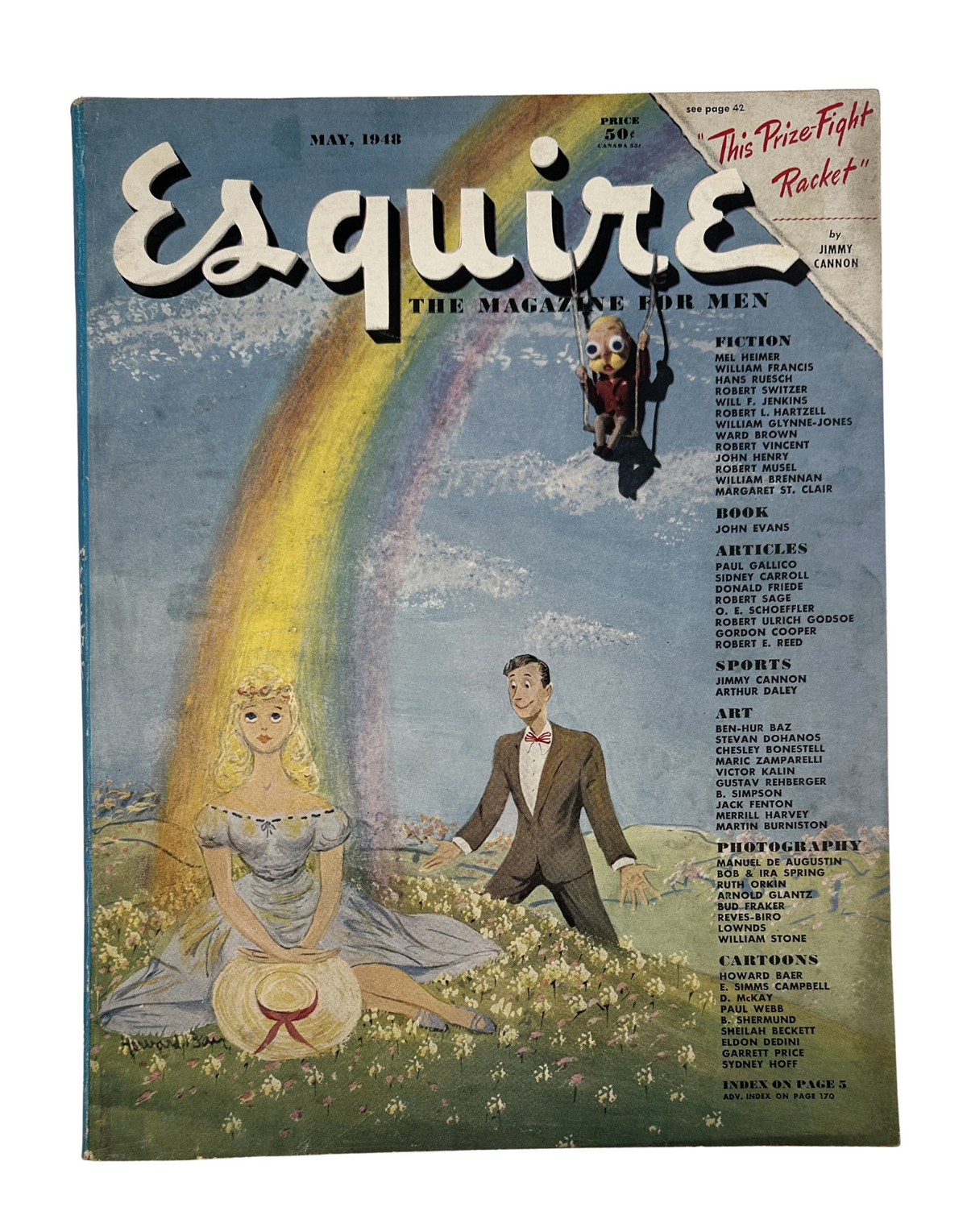 Cover of Esquire Magazine, May 1948 featuring a colorful rainbow, a gentleman in a suit, and a lady in a gown, depicting the theme of 'This Prize-Fight Racket'.