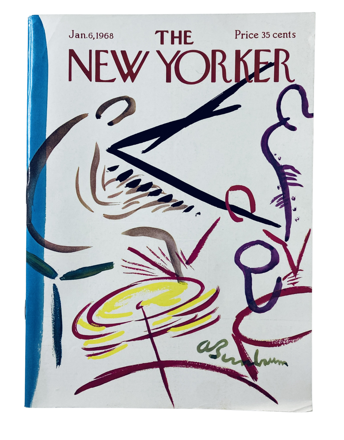 Cover of The New Yorker Magazine dated January 6, 1968 featuring an Abstract Art design by Abe Birnbaum. The magazine showcases vibrant colors and artistic brushstrokes, priced at 35 cents.