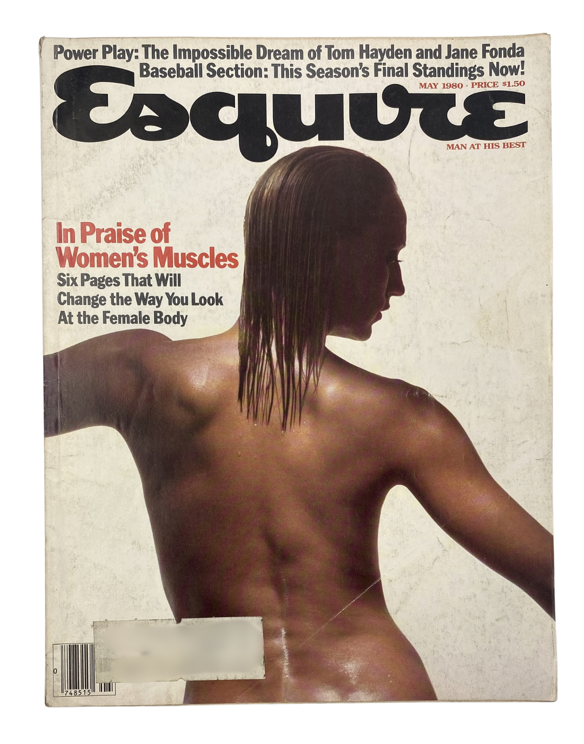 Esquire Magazine May 1980 cover featuring the title 'In Praise of Women’s Muscles', showcasing a nude female figure emphasizing strength and empowerment.