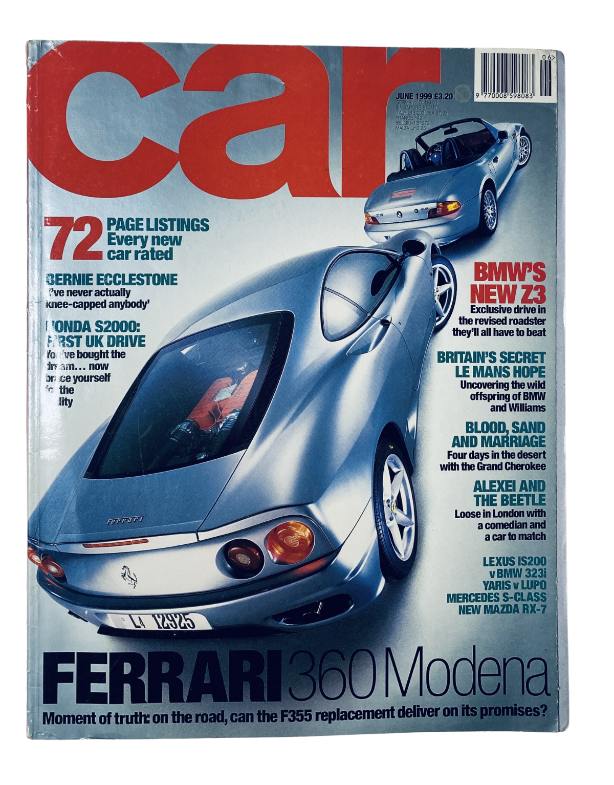 Cover of Car Magazine from June 1999 featuring the Ferrari 360 Modena, BMW Z3, and Bernie Ecclestone, showcasing automotive highlights.