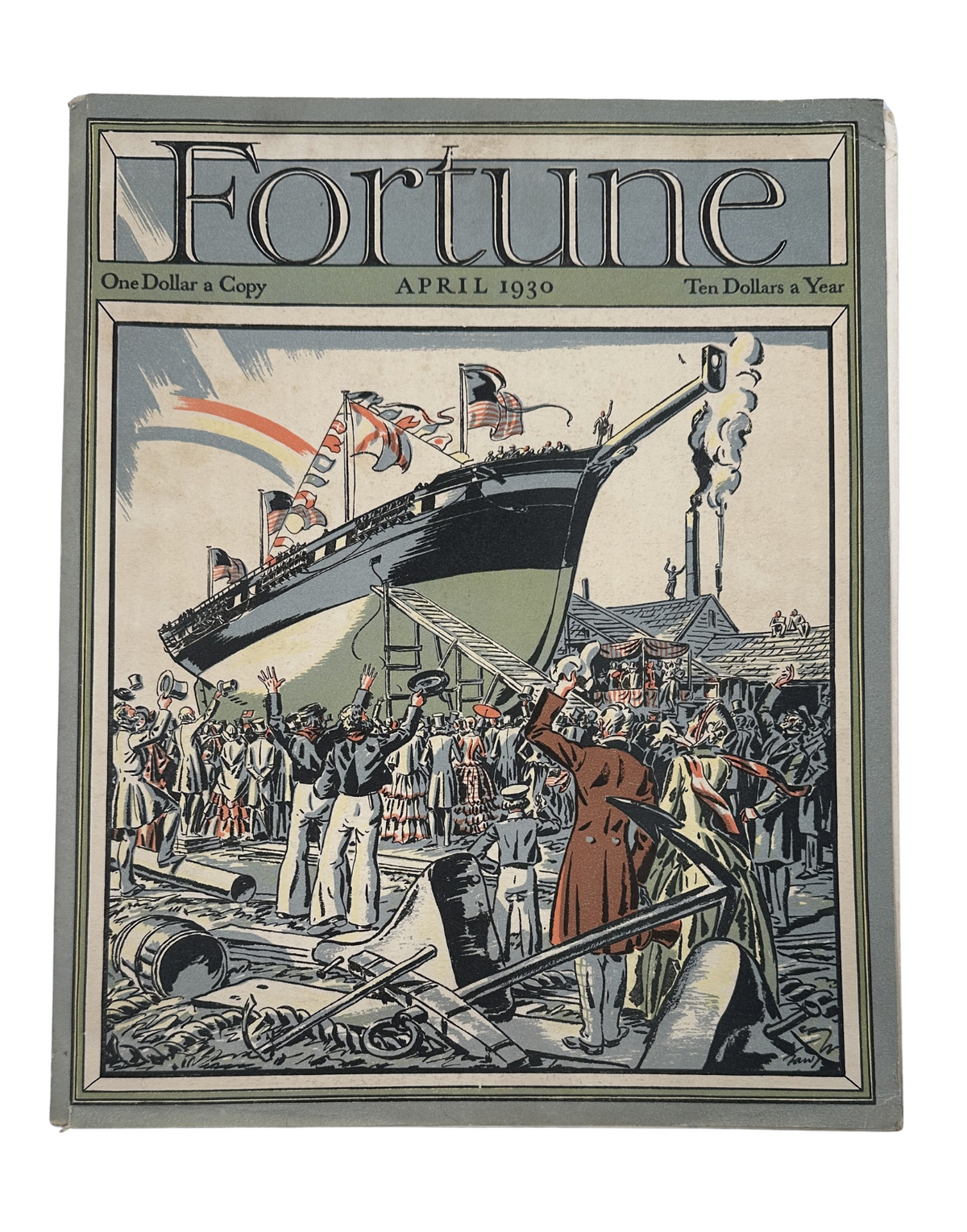 Fortune Magazine April 1930 cover featuring a crowd at an ocean liner launch, showcasing maritime excitement and historical context.