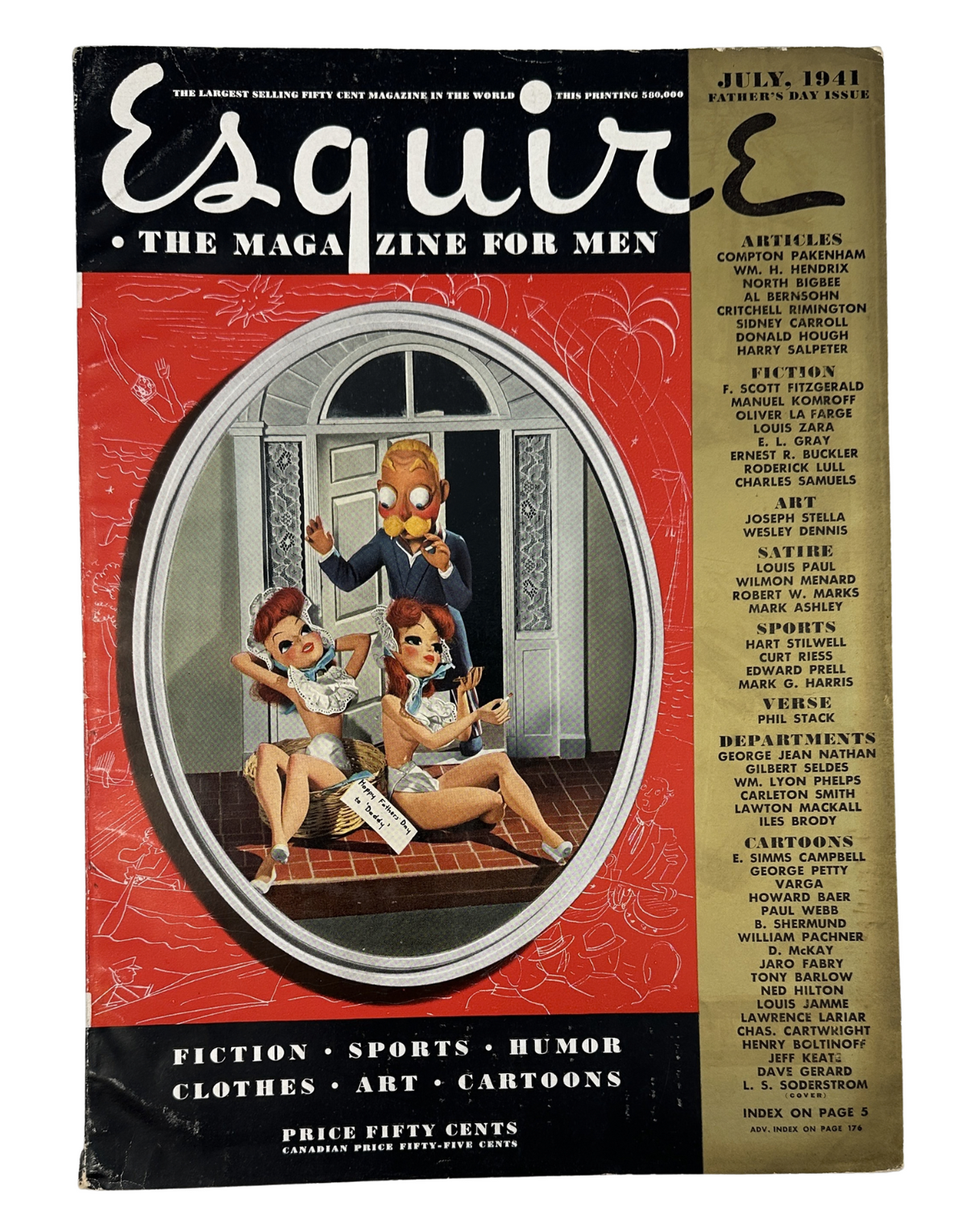 Esquire Magazine July 1941 cover featuring Varga pinup art and photos of Ida Lupino, showcasing articles on fiction, sports, humor, and trends in dress.