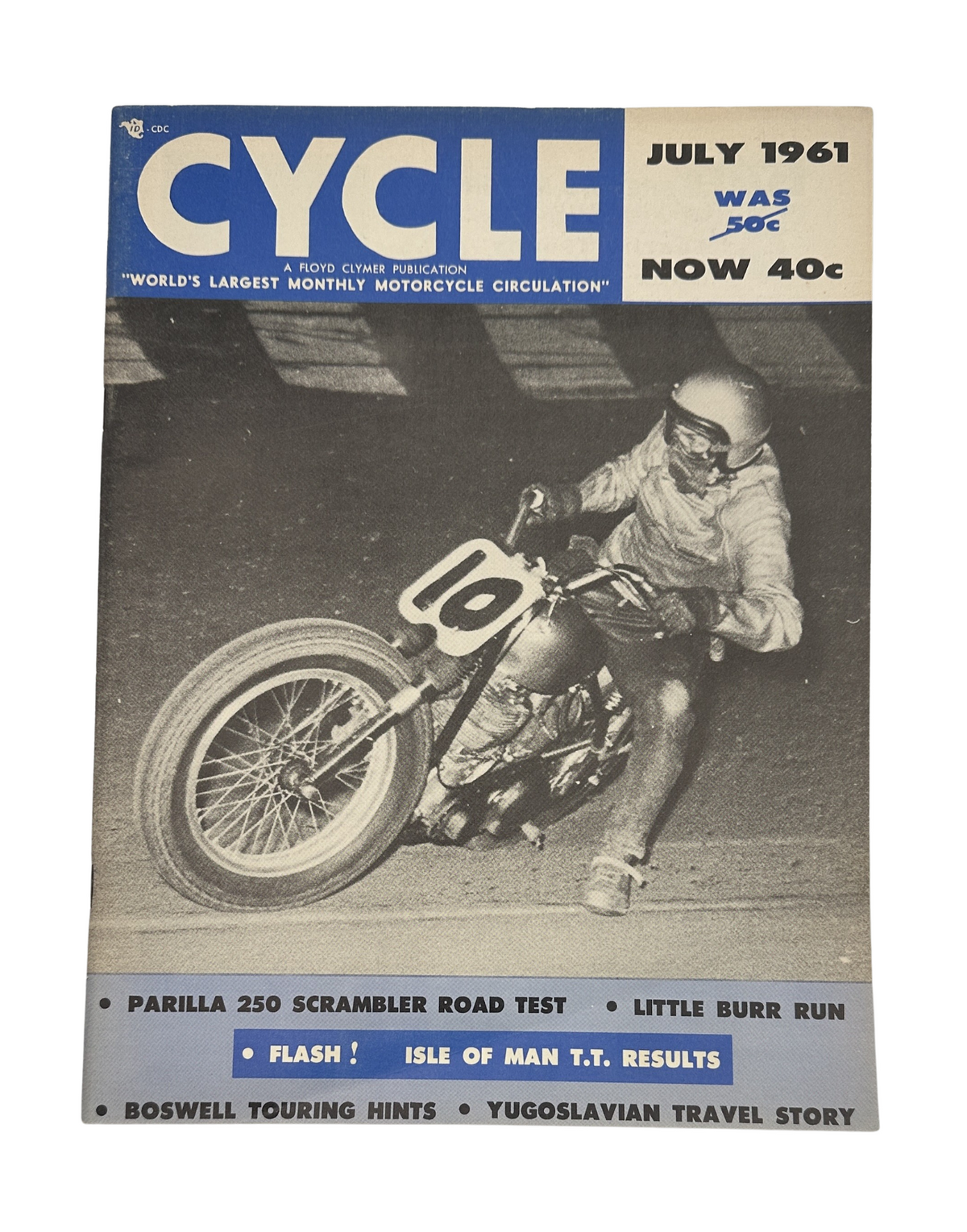 Cycle Magazine July 1961 cover featuring the Parilla 250 Scrambler test and Isle of Man TT results, emphasizing motorcycle racing and performance.