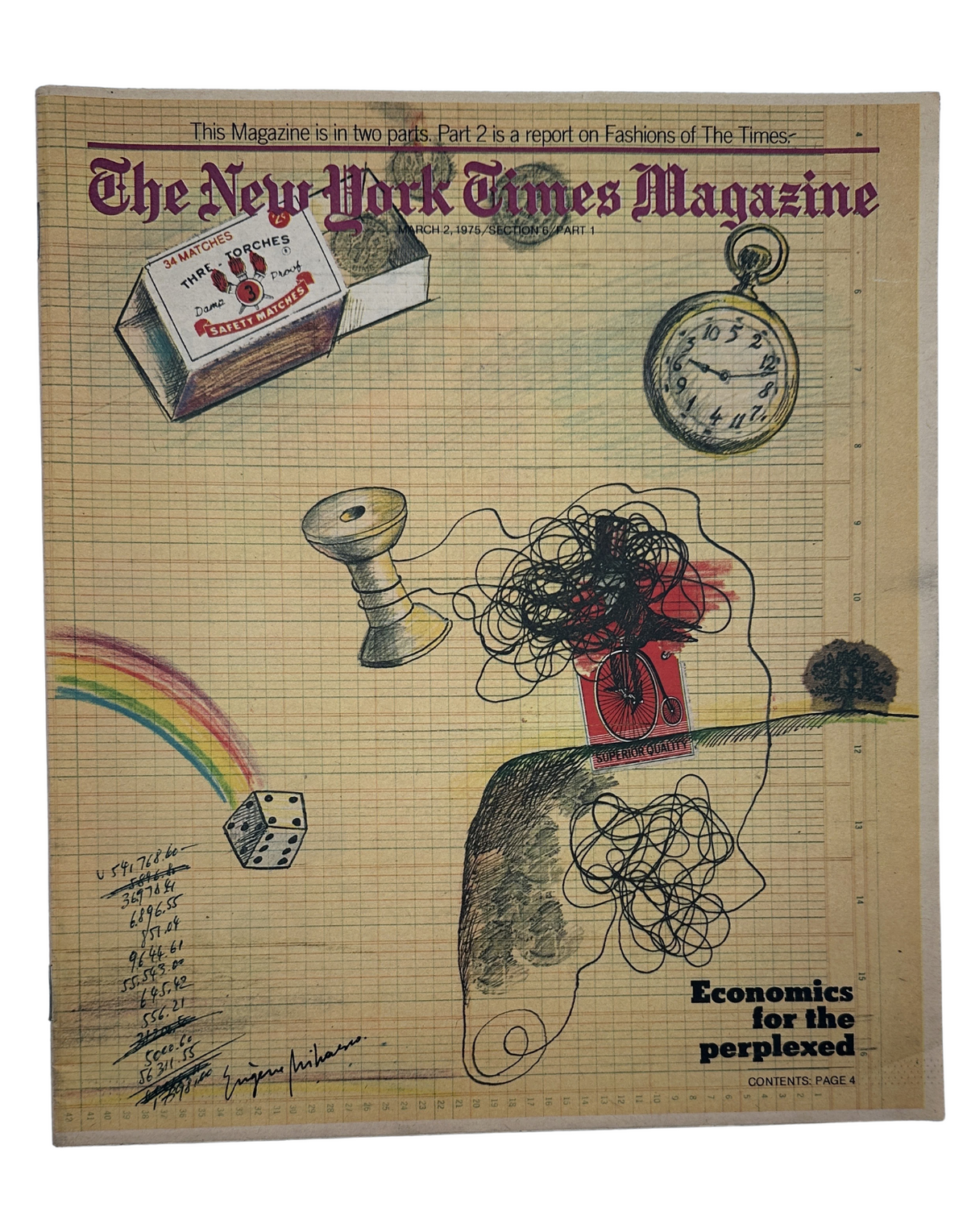 Cover of The New York Times Magazine, March 2, 1975, featuring an illustration related to 'Economics for the Perplexed', showcasing a mix of symbols including a spool of thread, a clock, and a rainbow.