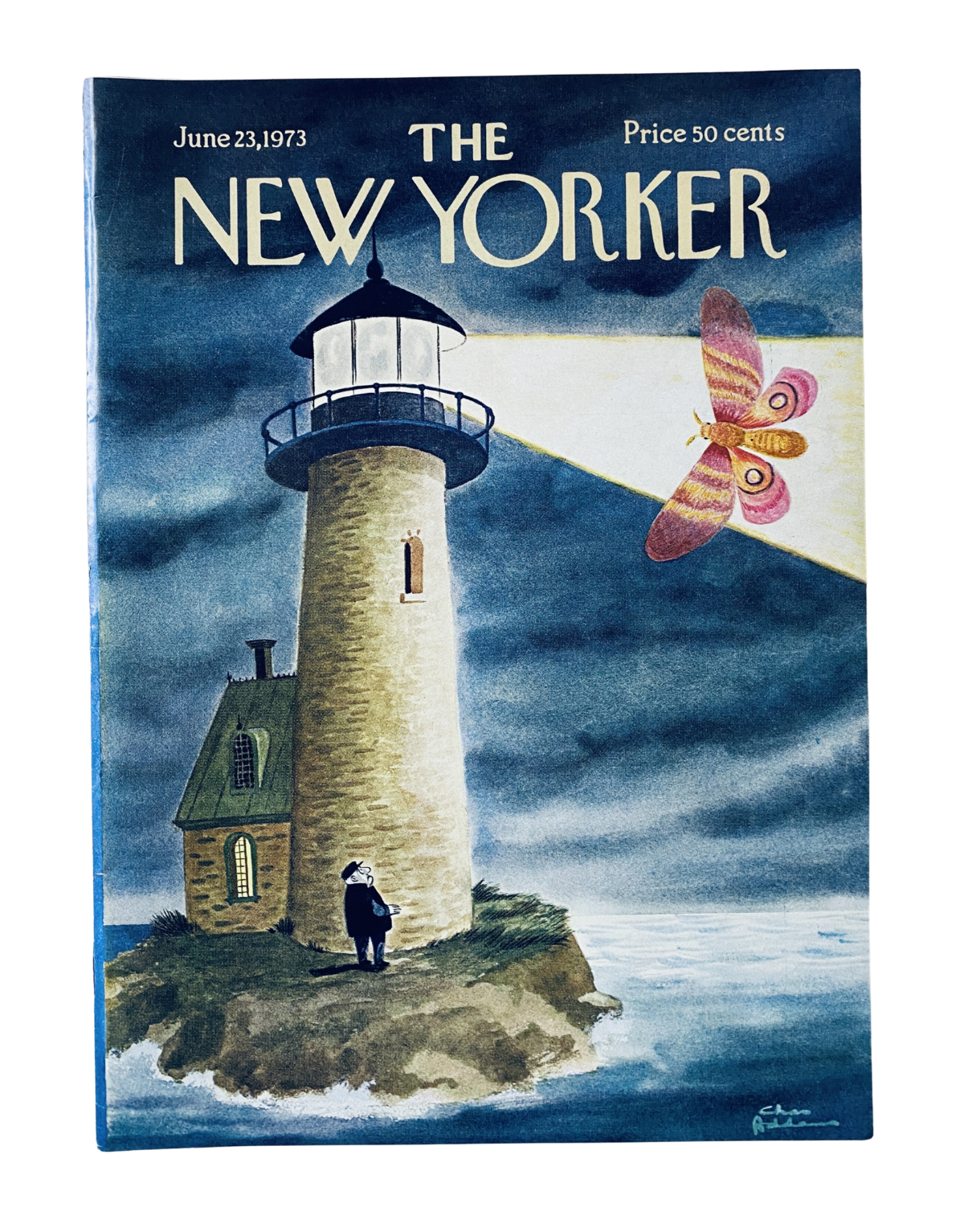 The New Yorker Magazine June 23, 1973 cover featuring a lighthouse and a colorful moth, illustrated by Charles Addams. The cover showcases the magazine's unique artistic style.