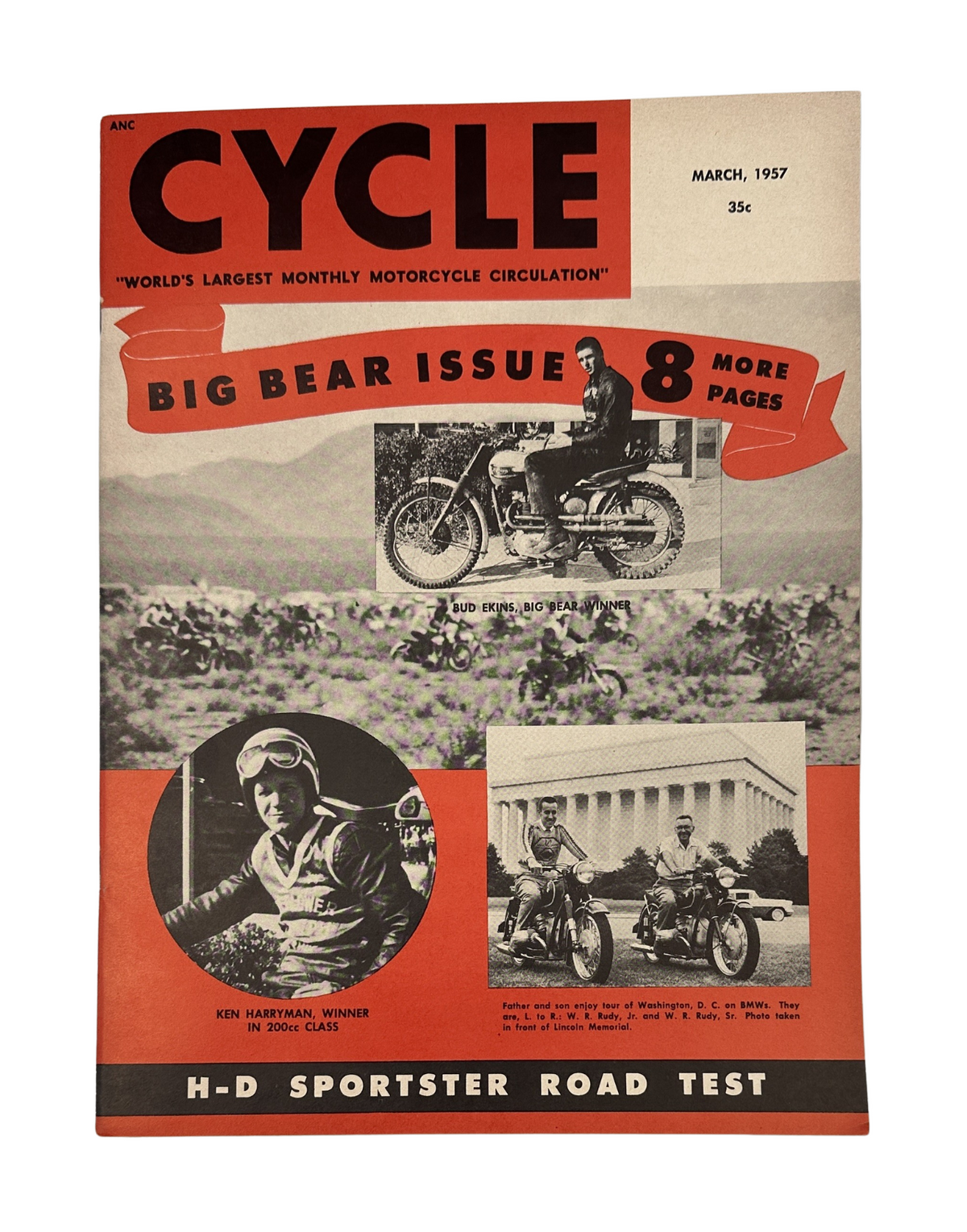 Cycle Magazine March 1957 Big Bear Issue cover featuring H-D Sportster Road Test with an image of a motorcycle and racer.
