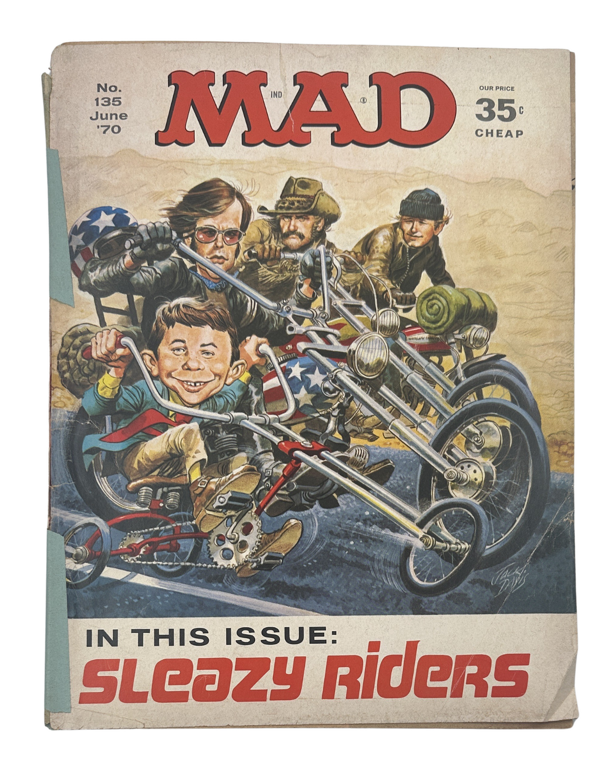 Cover of MAD Magazine No. 135 from June 1970 featuring the title 'Sleazy Riders'. The cover art shows a kid joyfully riding a tricycle with a military theme alongside others on quirky bikes.