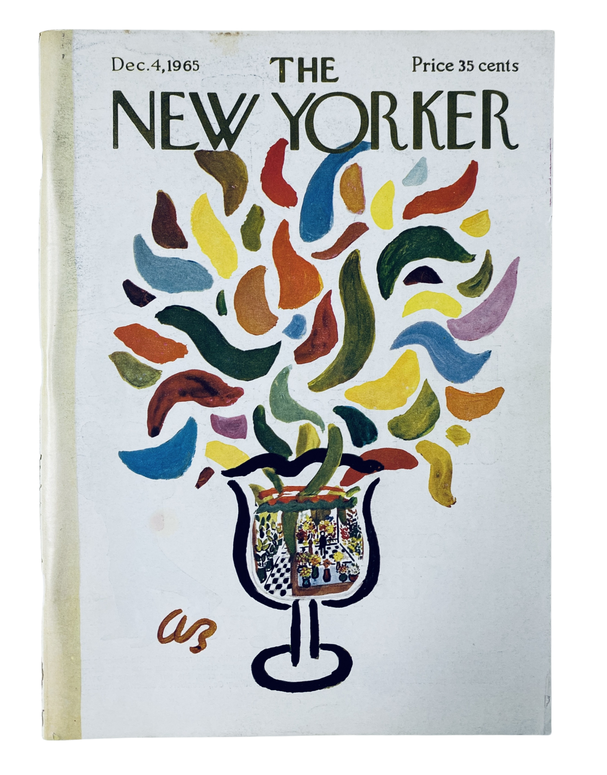 Cover of The New Yorker Magazine dated December 4, 1965, featuring an abstract art design by Abe Birnbaum, showcasing colorful shapes in a vase.