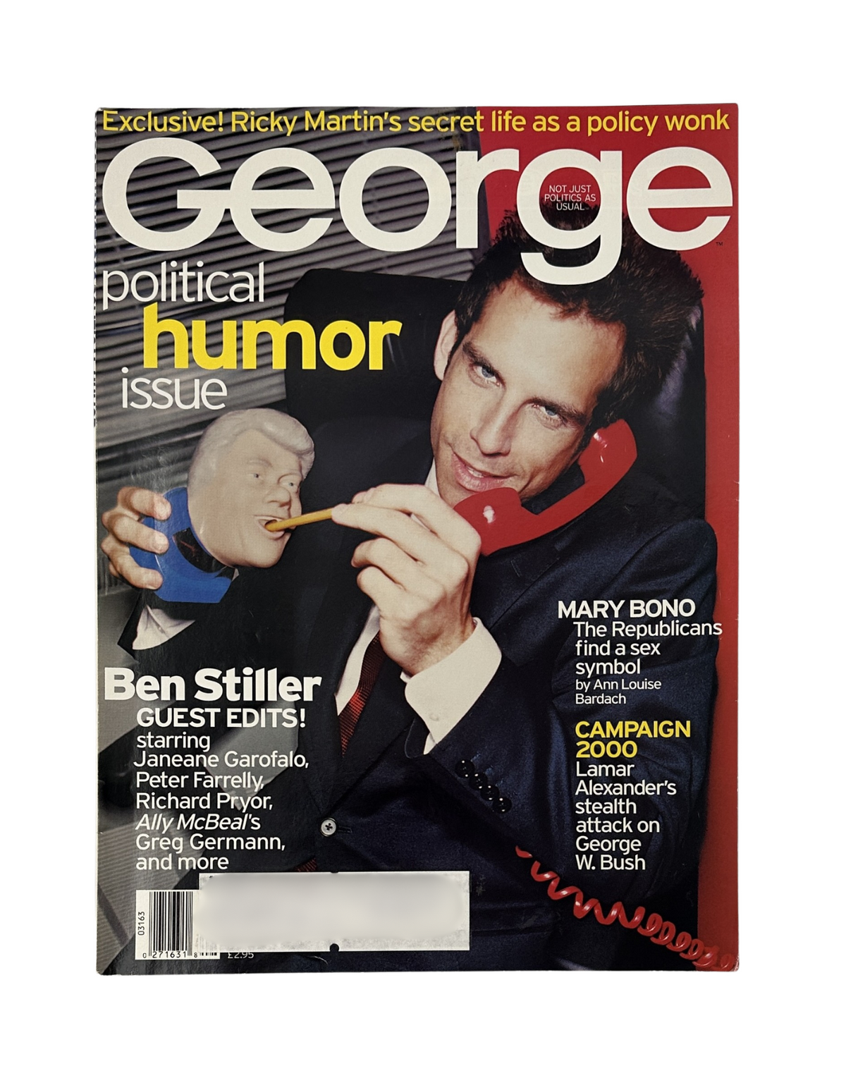Cover of George Magazine August 1999 featuring Ben Stiller as guest editor, highlighting political humor, and images of Ricky Martin and Mary Bono.
