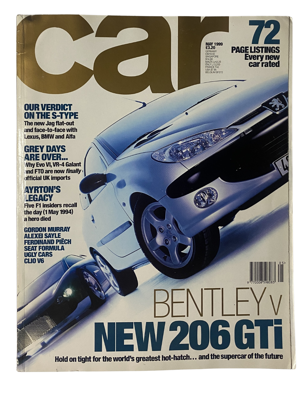 CAR Magazine May 1999 cover featuring Peugeot 206 GTI and Bentley S-Type with an artistic design, showcasing car culture and automotive reviews.