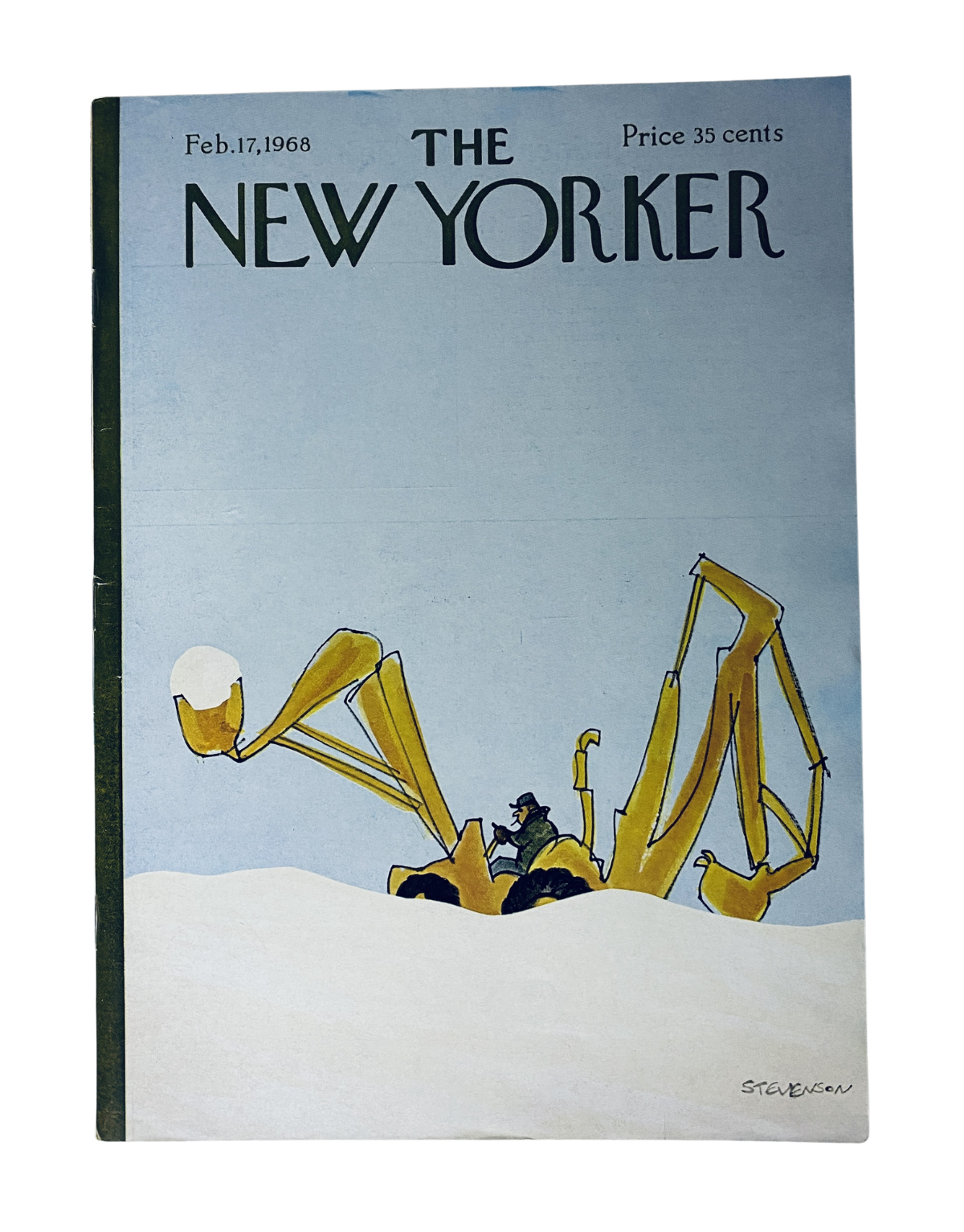 The New Yorker Magazine February 17, 1968 cover featuring an illustration by James Stevenson, showcasing a whimsical scene with a large yellow construction vehicle and a figure in the snow.