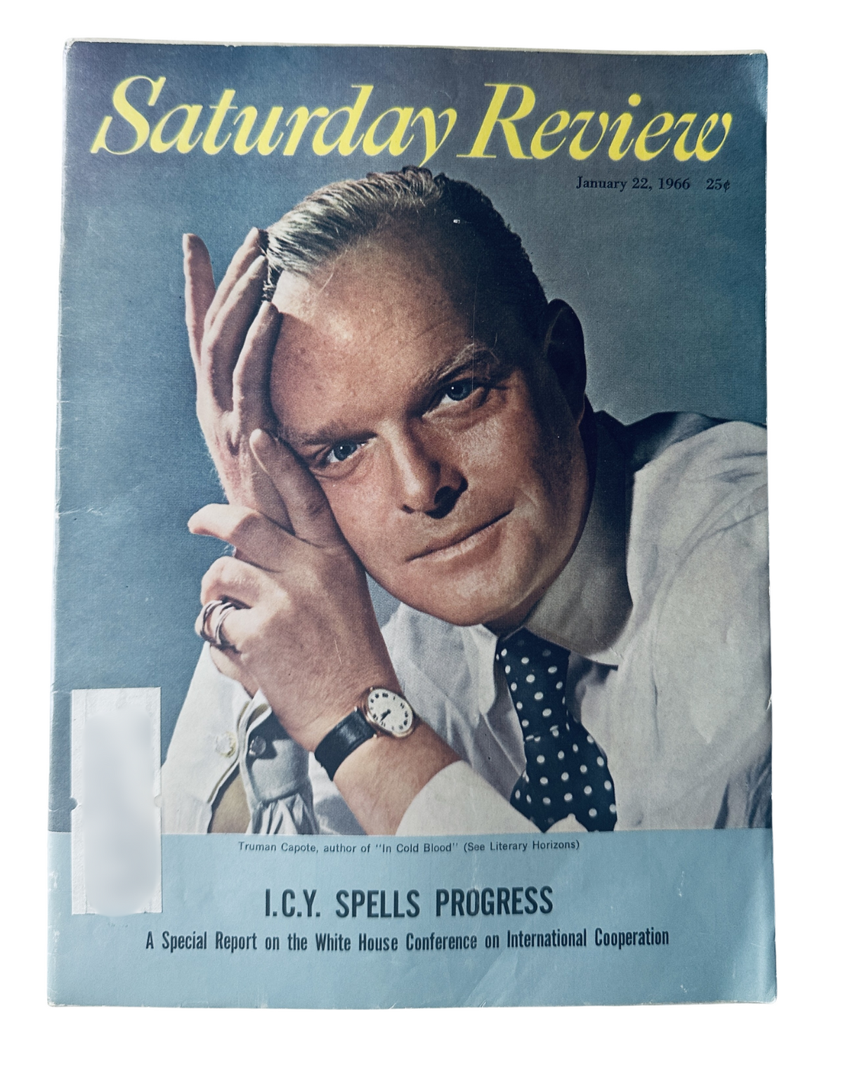 Cover of Saturday Review Magazine January 22, 1966 featuring Truman Capote, highlighting I.C.Y. Speaks Progress report on the White House Conference on International Cooperation.