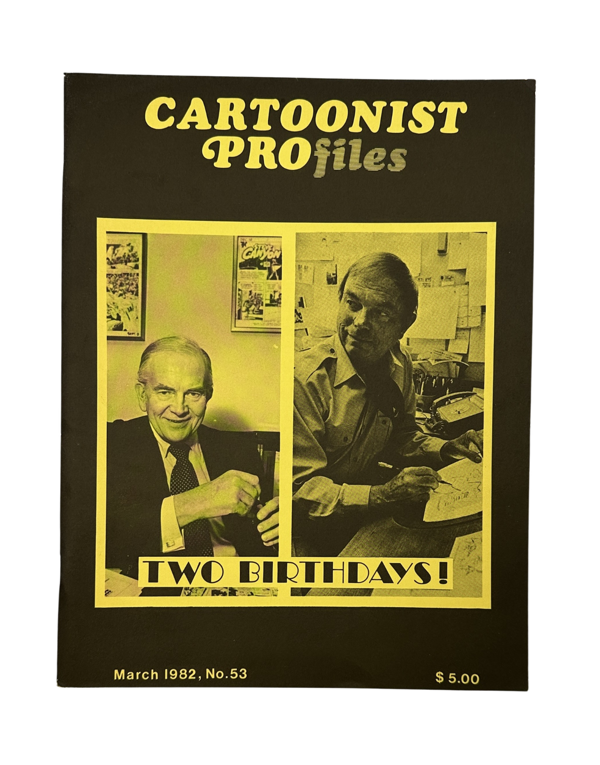 Cover of Cartoonist Profiles Magazine March 1982 featuring portraits of Milton Caniff and Chuck Jones, showcasing two iconic cartoonists.