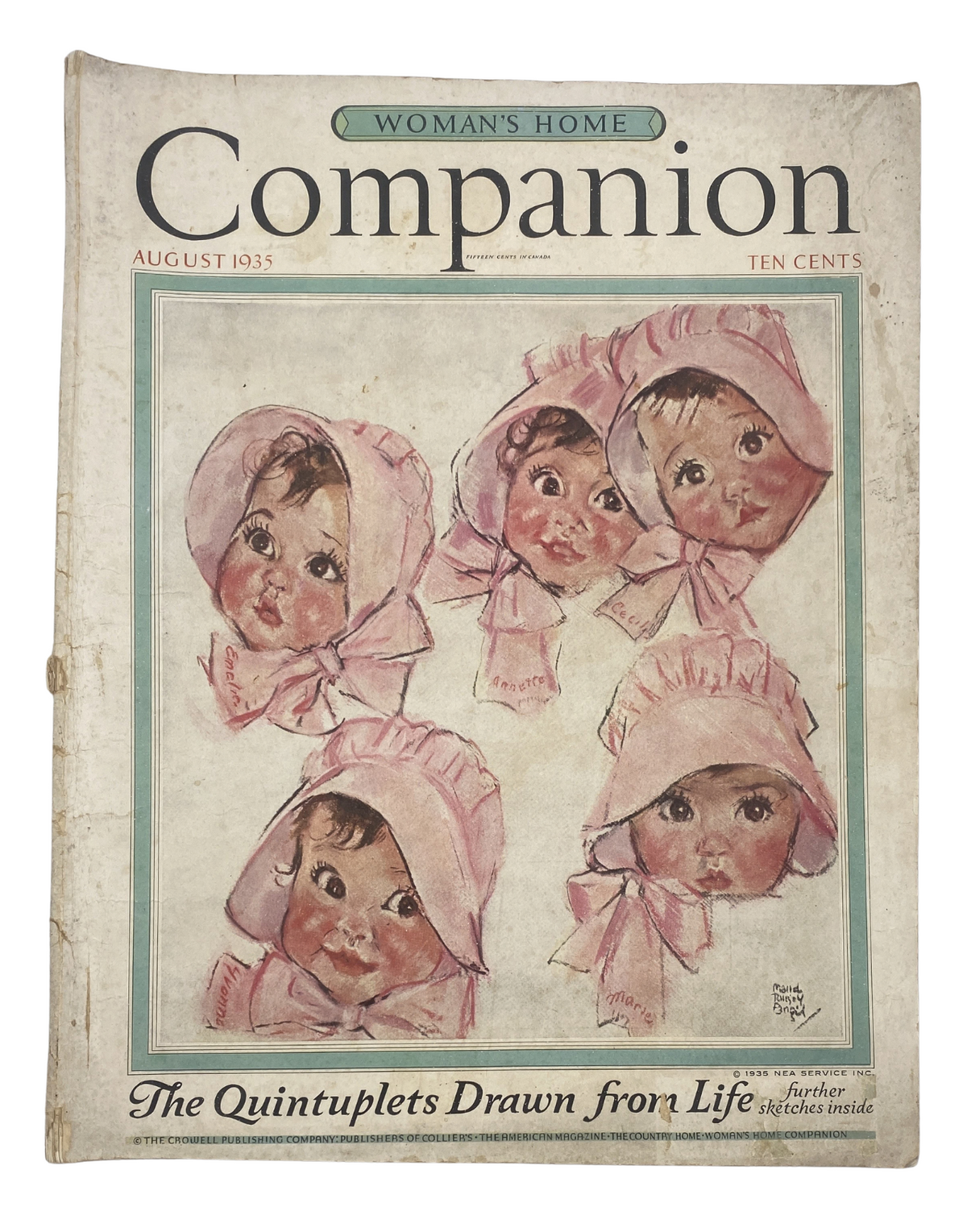 Cover of Woman’s Home Companion Magazine from August 1935 featuring The Quintuplets, showcasing four illustrated children in pink bonnets and dresses.