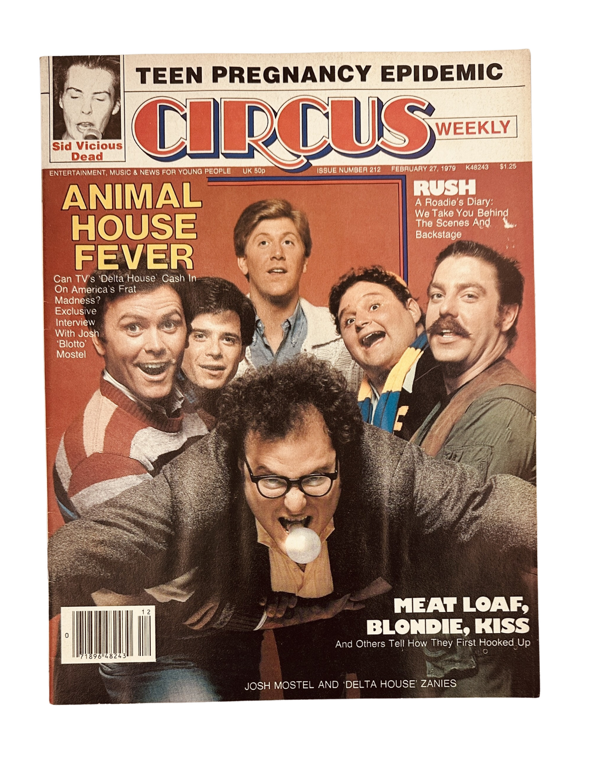 Circus Weekly Magazine cover from February 27, 1979 featuring 'Animal House Fever', with highlights on Rush, Blondie, Kiss, and a comedic portrayal of characters including Josh Mostel.