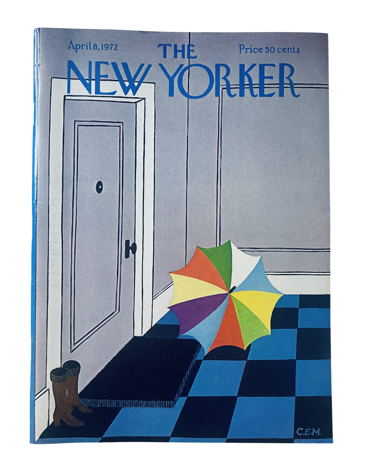 The New Yorker Magazine April 8, 1972 cover featuring an umbrella and a pair of boots in a hallway, designed by Charles E. Martin.