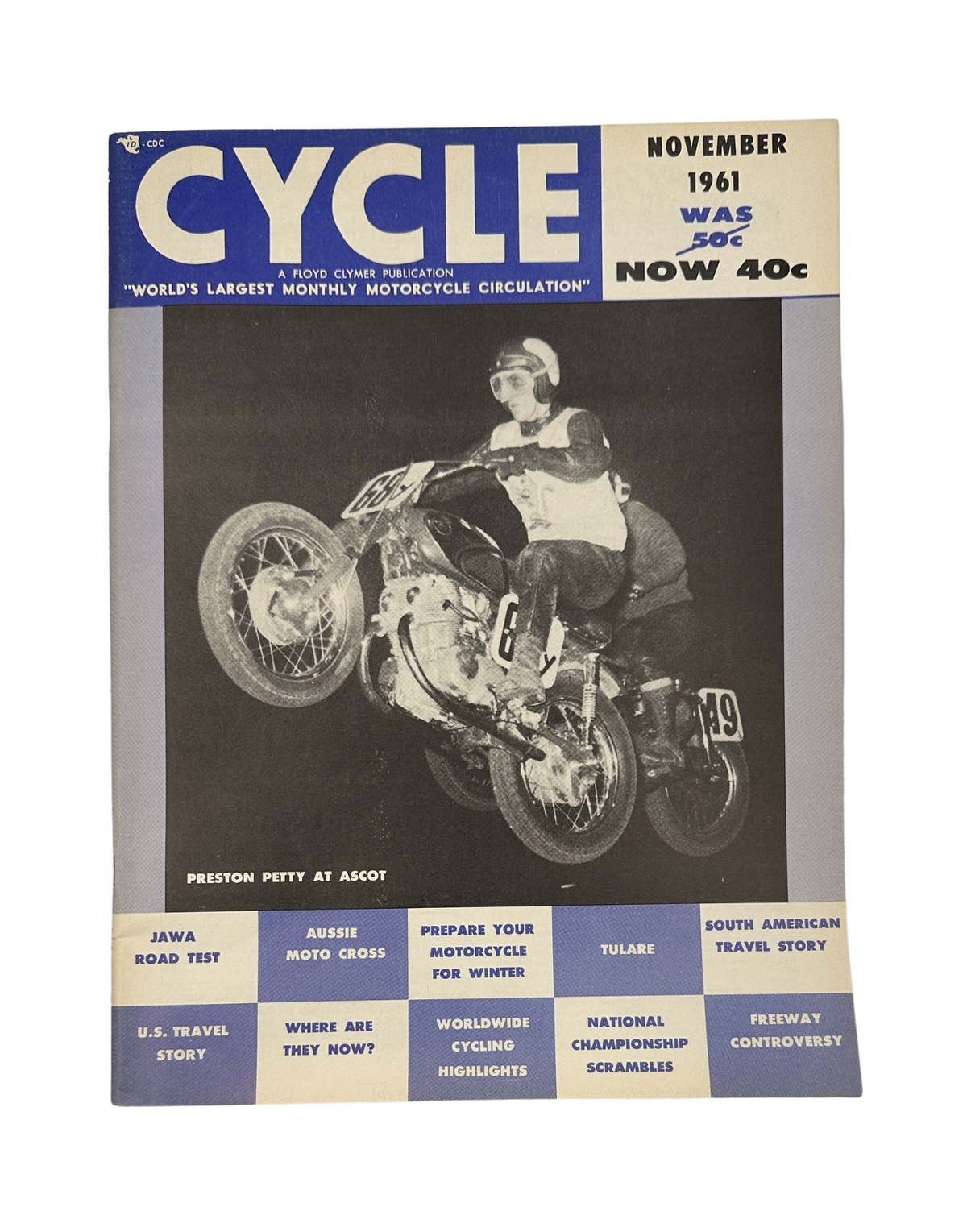 Cycle Magazine November 1961 featuring Preston Petty at the Ascot race track, showcasing motorcycle racing highlights and various articles including Jawa Road Test and Aussie Moto Cross.